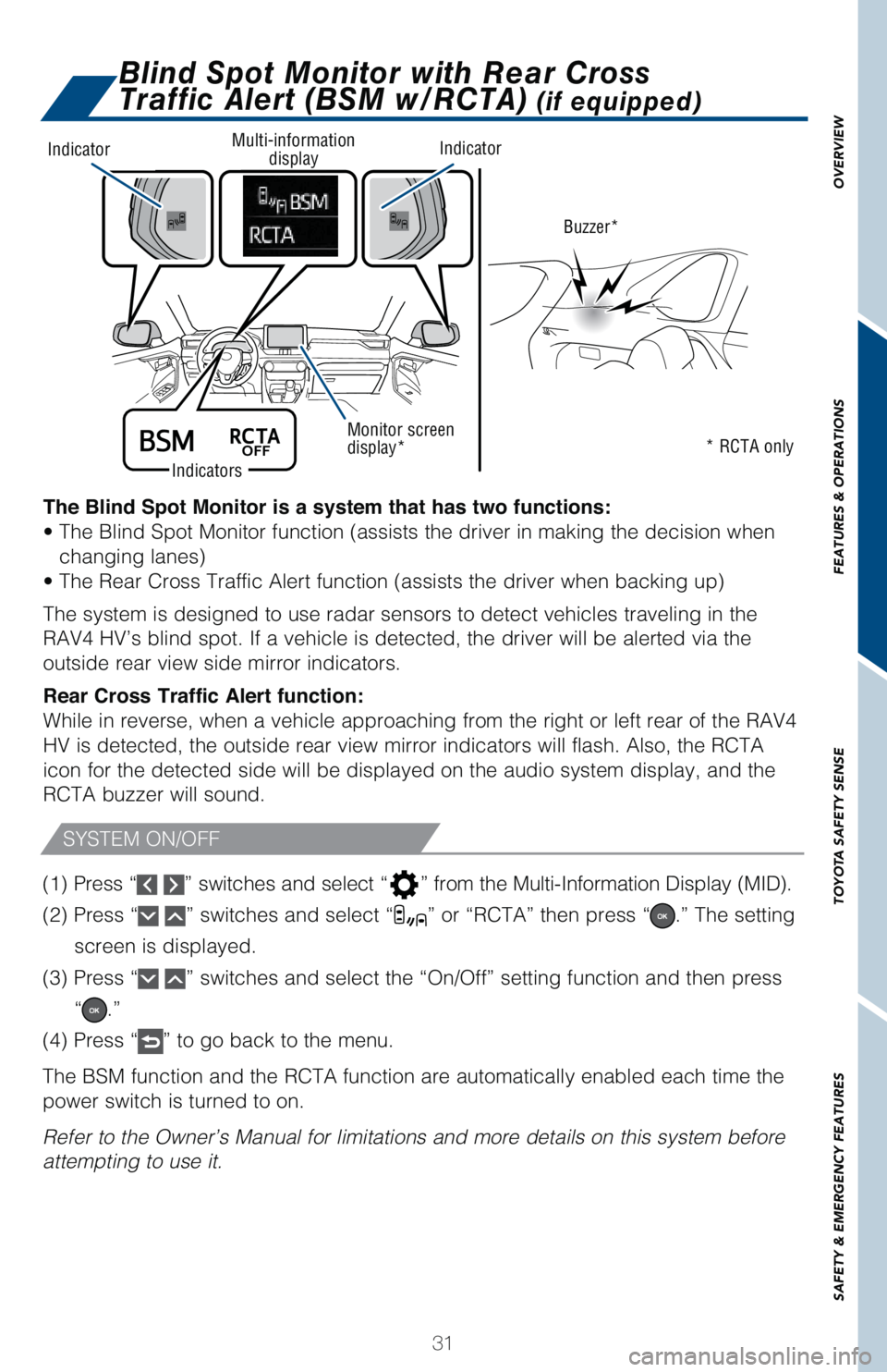 TOYOTA RAV4 HYBRID 2021   (in English) Owners Guide 31
OVERVIEW FEATURES & OPERATIONS TOYOTA SAFETY SENSE SAFETY & EMERGENCY FEATURES
The Blind Spot Monitor is a system that has two functions:
�t��5�I�F��#�M�J�O�E��4�Q�P�U��.�P�O�J�U�P�S��G�V�O�D�