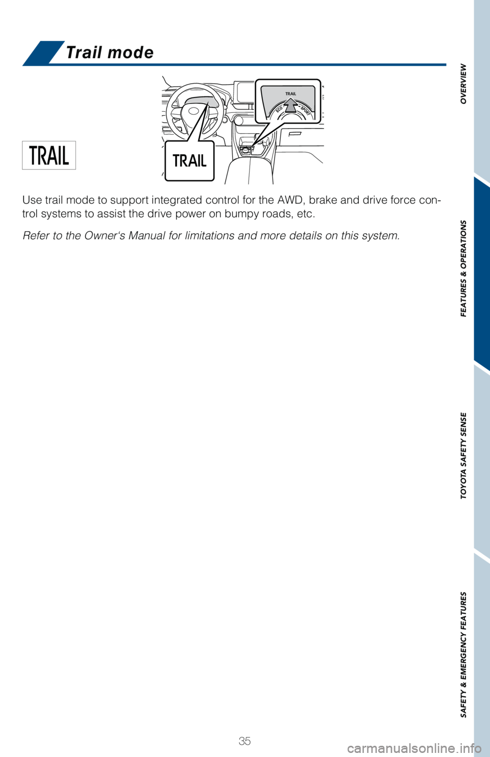 TOYOTA RAV4 HYBRID 2021   (in English) Owners Guide 35
OVERVIEW FEATURES & OPERATIONS TOYOTA SAFETY SENSE SAFETY & EMERGENCY FEATURES
Use trail mode to support integrated control for the AWD, brake and drive force con-
trol systems to assist the drive 