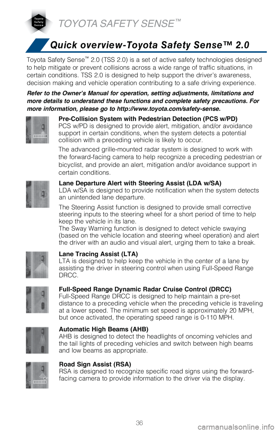 TOYOTA RAV4 HYBRID 2021   (in English) Owners Guide 36
TOYOTA SAFETY SENSE™
Toyota Safety Sense™������	�5�4�4�����
��J�T��B��T�F�U��P�G��B�D�U�J�W�F��T�B�G�F�U�Z��U�F�D�I�O�P�M�P�H�J�F�T��E�F�T�J�H�O�F�E�
to help mitigate or preve