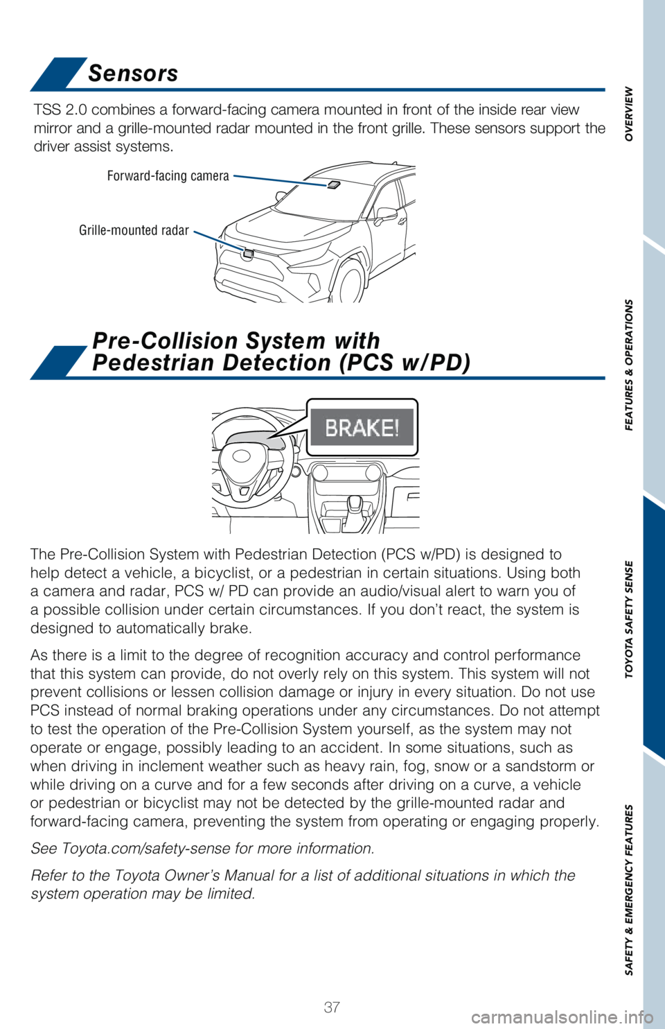 TOYOTA RAV4 HYBRID 2021   (in English) Owners Guide 37
OVERVIEW FEATURES & OPERATIONS TOYOTA SAFETY SENSE SAFETY & EMERGENCY FEATURES
Grille-mounted radarForward-facing camera
Sensors
TSS 2.0 combines a forward-facing camera mounted in front of the ins