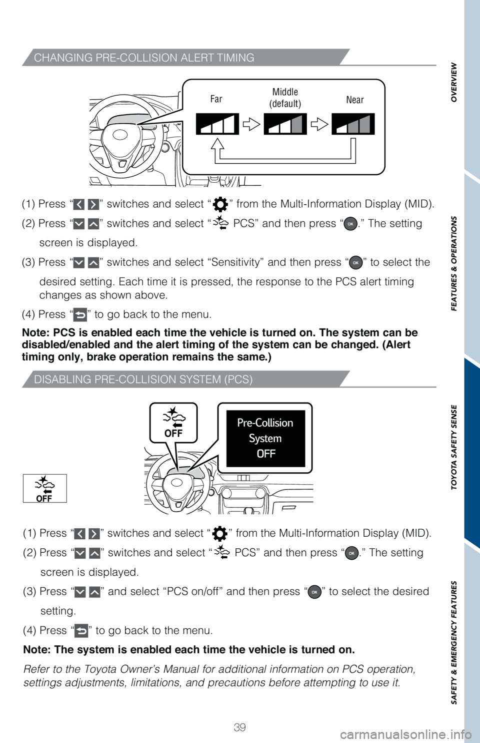 TOYOTA RAV4 HYBRID 2021   (in English) Service Manual 39
OVERVIEW FEATURES & OPERATIONS TOYOTA SAFETY SENSE SAFETY & EMERGENCY FEATURES
CHANGING PRE-COLLISION ALERT TIMING
�%�*�4�"�#�-�*�/�(��1�3�&��$�0�-�-�*�4�*�0�/��4�:�4�5�&�.��	�1�$�4�

FarMiddle