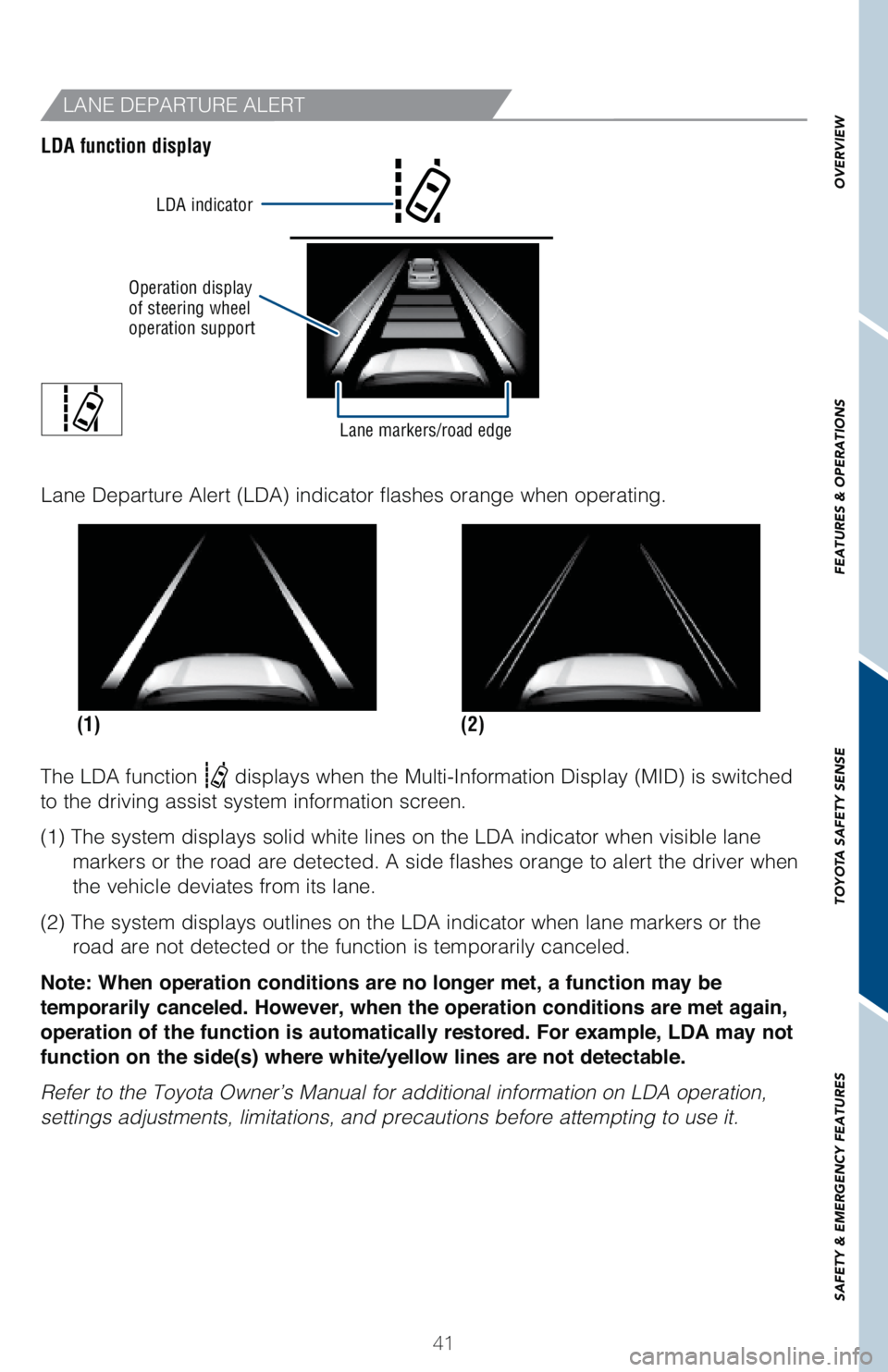 TOYOTA RAV4 HYBRID 2021   (in English) Service Manual 41
OVERVIEW FEATURES & OPERATIONS TOYOTA SAFETY SENSE SAFETY & EMERGENCY FEATURES
LANE DEPARTURE ALERT
LDA function display
(2) (1) �-�B�O�F��%�F�Q�B�S�U�V�S�F��"�M�F�S�U��	�-�%�"�
��J�O�E�J�D�B�U