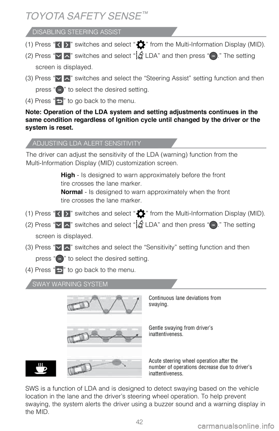 TOYOTA RAV4 HYBRID 2021   (in English) Service Manual 42
ADJUSTING LDA ALERT SENSITIVITY
DISABLING STEERING ASSIST
TOYOTA SAFETY SENSE™
SWAY WARNING SYSTEM
�	��
��1�S�F�T�T�“ ” switches and select “”��G�S�P�N��U�I�F��.�V�M�U�J��*�O�G�P�S