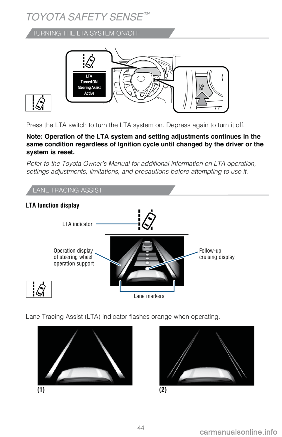 TOYOTA RAV4 HYBRID 2021   (in English) Service Manual 44
TOYOTA SAFETY SENSE™
TURNING THE LTA SYSTEM ON/OFF
Press the LTA switch to turn the LTA system on. Depress again to turn it off.
Note: Operation of the LTA system and setting adjustments continue