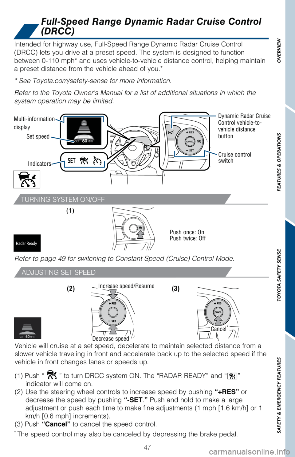 TOYOTA RAV4 HYBRID 2021   (in English) Service Manual 47
OVERVIEW FEATURES & OPERATIONS TOYOTA SAFETY SENSE SAFETY & EMERGENCY FEATURES
TURNING SYSTEM ON/OFF
(1) 
Push once: On
Push twice: Off
Full-Speed Range Dynamic Radar Cruise Control 
(DRCC)
Intende