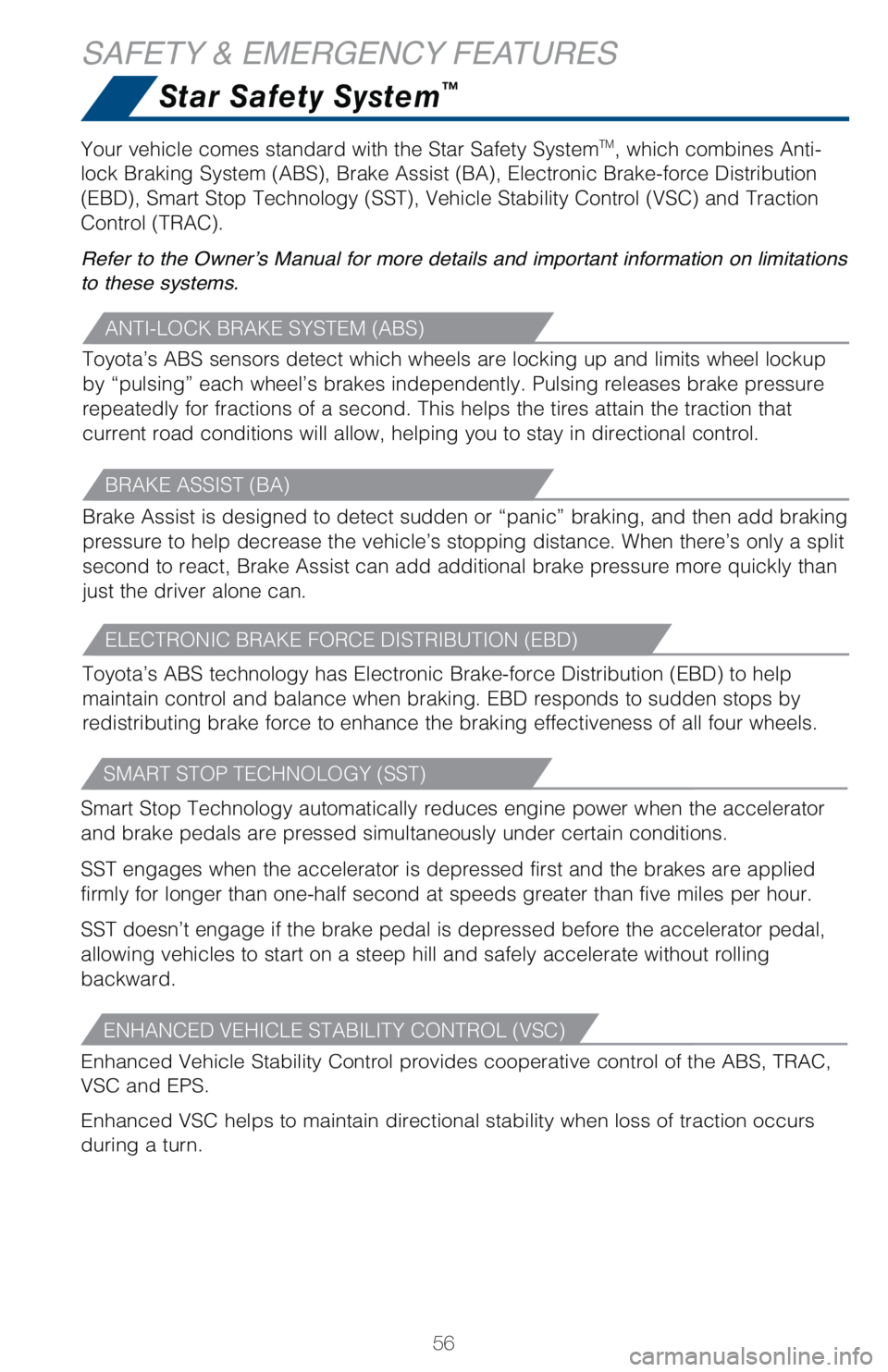 TOYOTA RAV4 HYBRID 2021   (in English) Workshop Manual 56
SAFETY & EMERGENCY FEATURES
Star Safety System™
�"�/�5�*��-�0�$�,��#�3�"�,�&��4�:�4�5�&�.��	�"�#�4�

Toyota’s ABS sensors detect which wheels are locking up and limits wheel lockup 
by “p