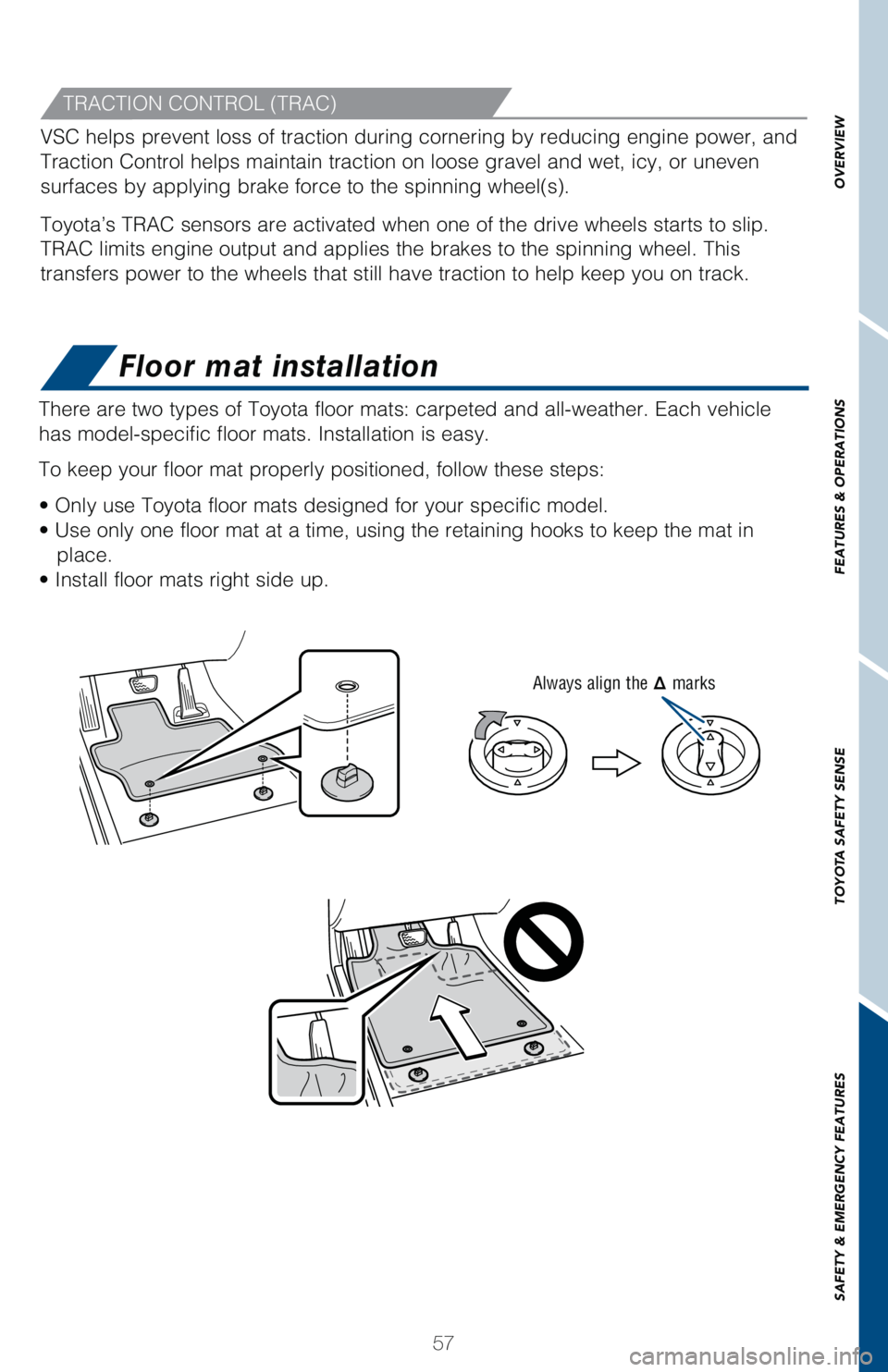 TOYOTA RAV4 HYBRID 2021   (in English) Workshop Manual 57
OVERVIEW FEATURES & OPERATIONS TOYOTA SAFETY SENSE SAFETY & EMERGENCY FEATURES
Floor mat installation
There are two types of Toyota floor mats: carpeted and all-weather. Each vehicle 
has model-spe