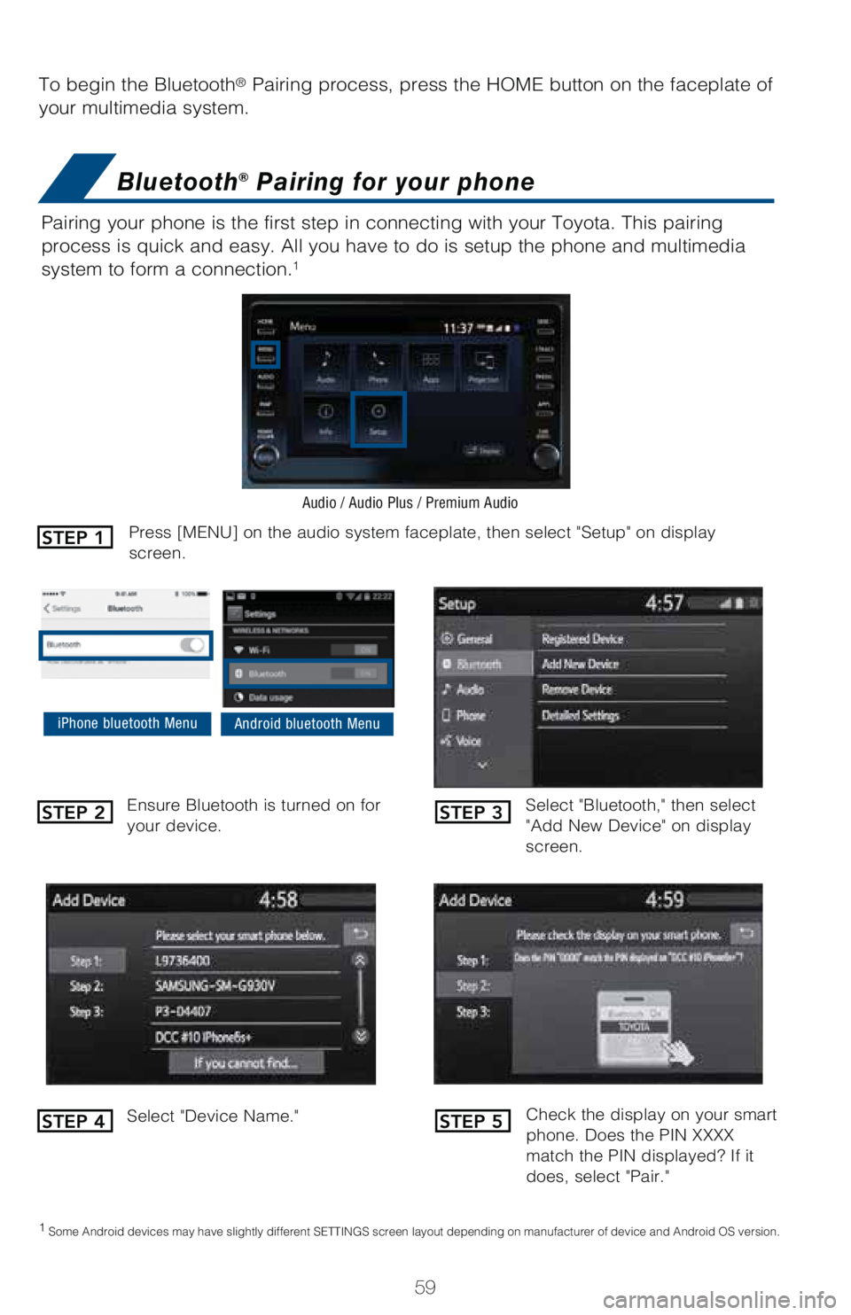 TOYOTA RAV4 HYBRID 2021   (in English) Repair Manual 59
To begin the Bluetooth® Pairing process, press the HOME button on the faceplate of 
your multimedia system.
Bluetooth® Pairing for your phone
Pairing your phone is the first step in connecting wi
