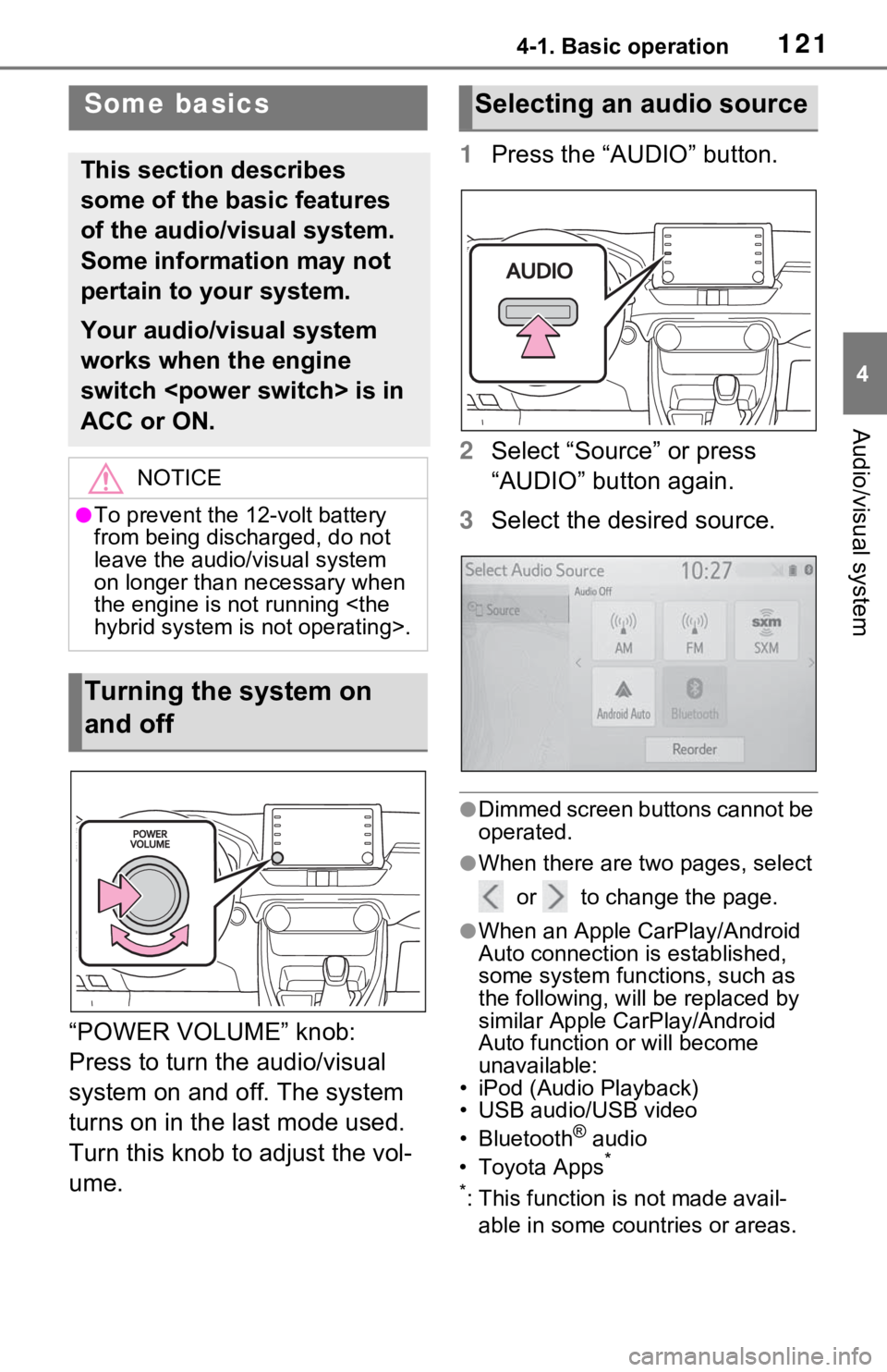 TOYOTA RAV4 HYBRID 2021 Accessories, Audio & Navigation (in English) 1214-1. Basic operation
4
Audio/visual system
“POWER VOLUME” knob:
Press to turn the audio/visual
system on and off. The system
turns on in the last mode used.
Turn this knob to adjust the vol TOYOTA RAV4 HYBRID 2021 Accessories, Audio & Navigation (in English) 1214-1. Basic operation
4
Audio/visual system
“POWER VOLUME” knob:
Press to turn the audio/visual
system on and off. The system
turns on in the last mode used.
Turn this knob to adjust the vol