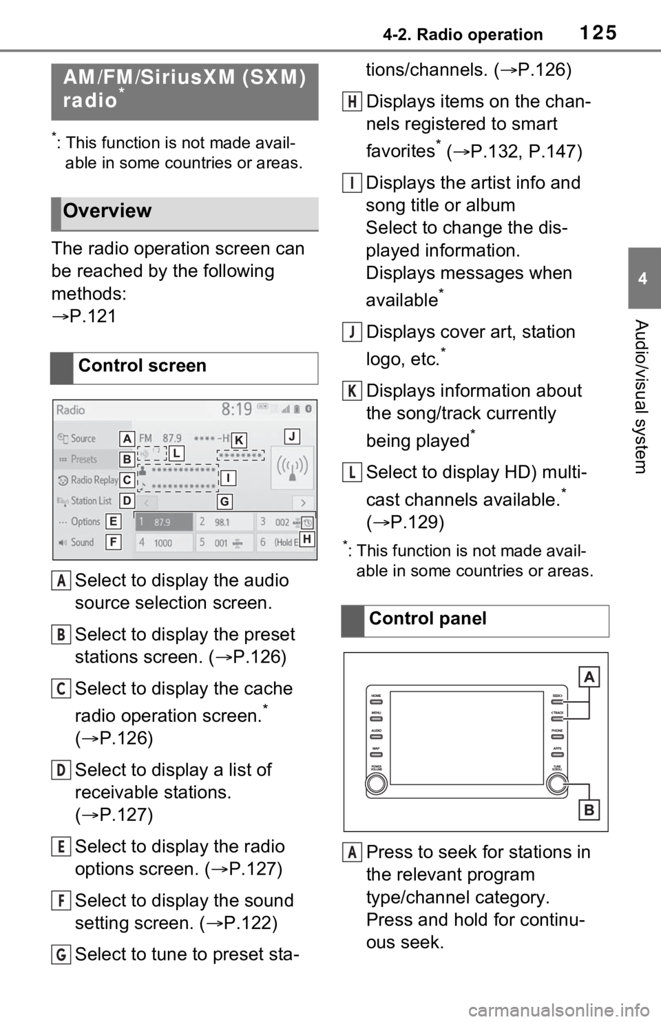TOYOTA RAV4 HYBRID 2021 Accessories, Audio & Navigation (in English) 1254-2. Radio operation
4
Audio/visual system
4-2.Radio operation
*: This function is not made avail-able in some countries or areas.
The radio operation screen can
be reached by the following
metho TOYOTA RAV4 HYBRID 2021 Accessories, Audio & Navigation (in English) 1254-2. Radio operation
4
Audio/visual system
4-2.Radio operation
*: This function is not made avail-able in some countries or areas.
The radio operation screen can
be reached by the following
metho