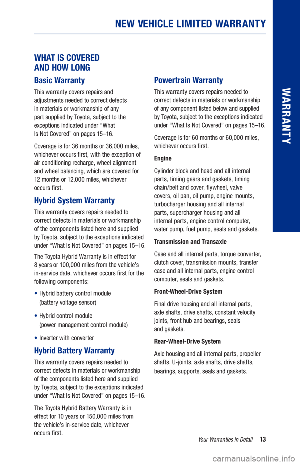 TOYOTA RAV4 HYBRID 2021 Warranties & Maintenance Guides (in English) 13
WHAT IS COVERED
AND HOW LONG
Basic Warranty
This warranty covers repairs and
adjustments needed to correct defects
in materials or workmanship of any
part supplied by Toyota, subject TOYOTA RAV4 HYBRID 2021 Warranties & Maintenance Guides (in English) 13
WHAT IS COVERED
AND HOW LONG
Basic Warranty
This warranty covers repairs and
adjustments needed to correct defects
in materials or workmanship of any
part supplied by Toyota, subject