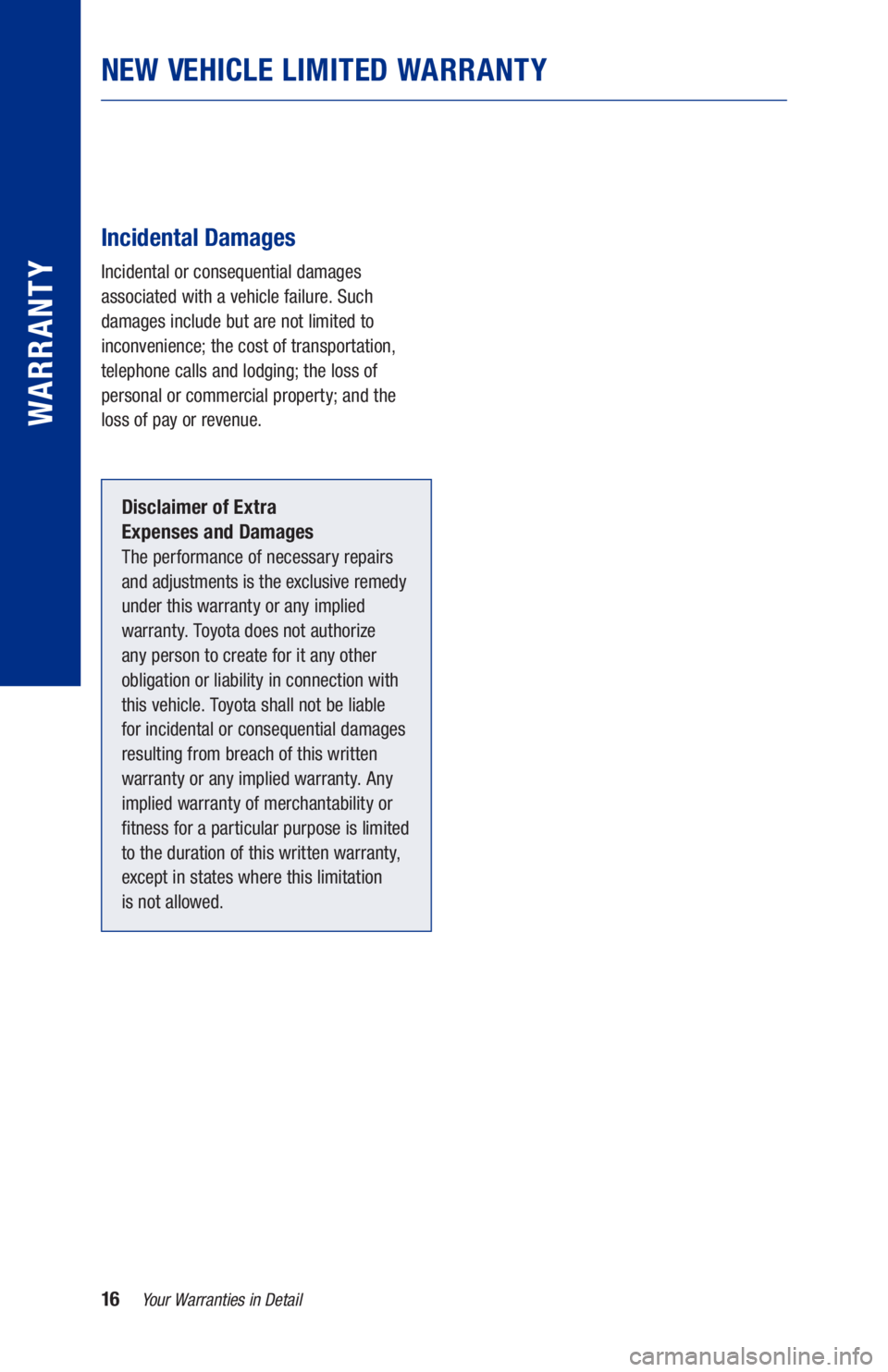TOYOTA RAV4 HYBRID 2021  Warranties & Maintenance Guides (in English) 16
 
 
Incidental Damages
Incidental or consequential damages 
associated with a vehicle failure. Such 
damages include but are not limited to 
inconvenience; the cost of transportation, 
telephone ca
