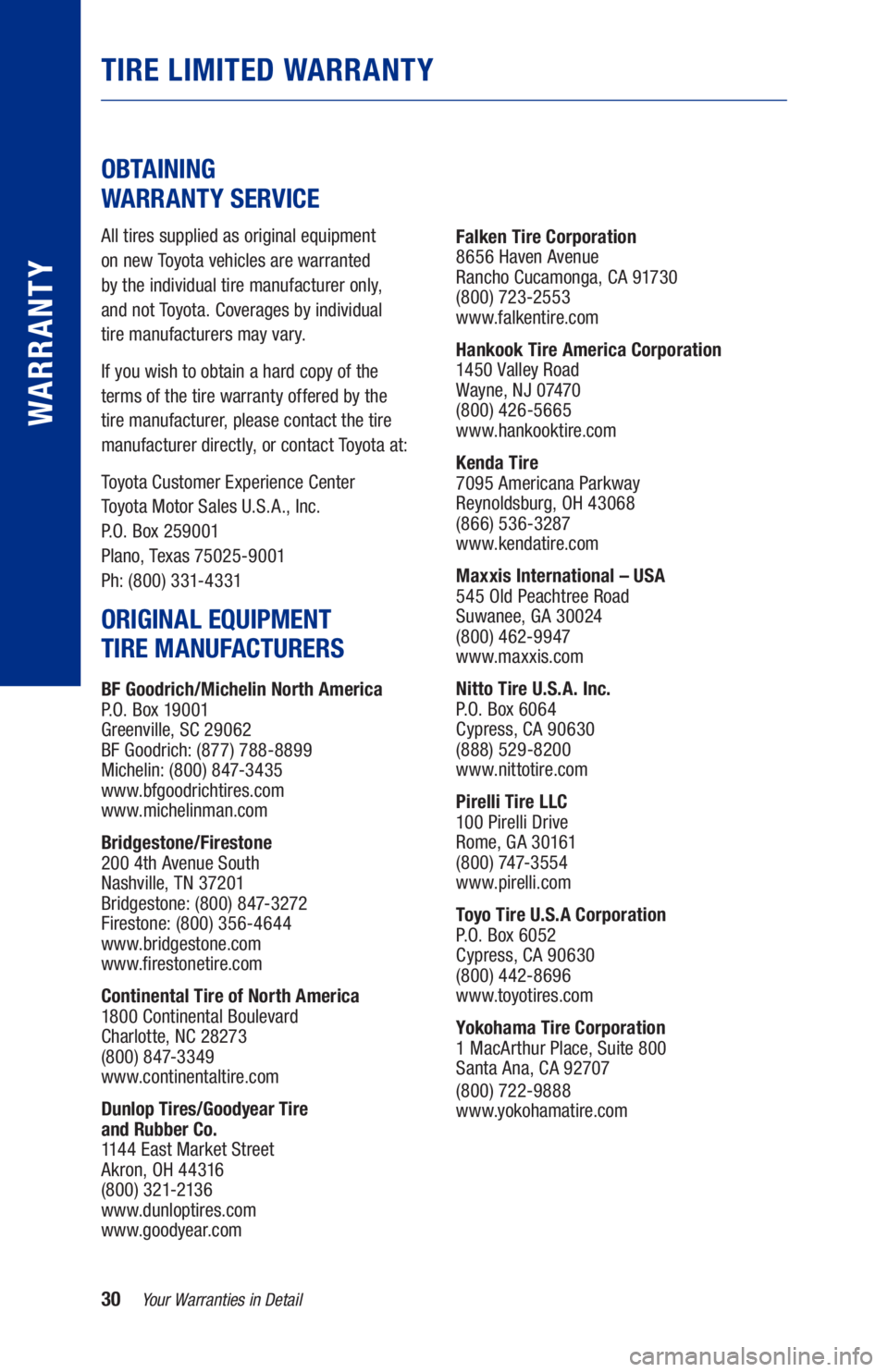 TOYOTA RAV4 HYBRID 2021 Warranties & Maintenance Guides (in English) 30Your Warranties in Detail
TIRE LIMITED WARRANTY
OBTAINING
WARRANTY SERVICE
All tires supplied as original equipment
on new Toyota vehicles are warranted
by the individual tire manufacturer TOYOTA RAV4 HYBRID 2021 Warranties & Maintenance Guides (in English) 30Your Warranties in Detail
TIRE LIMITED WARRANTY
OBTAINING
WARRANTY SERVICE
All tires supplied as original equipment
on new Toyota vehicles are warranted
by the individual tire manufacturer