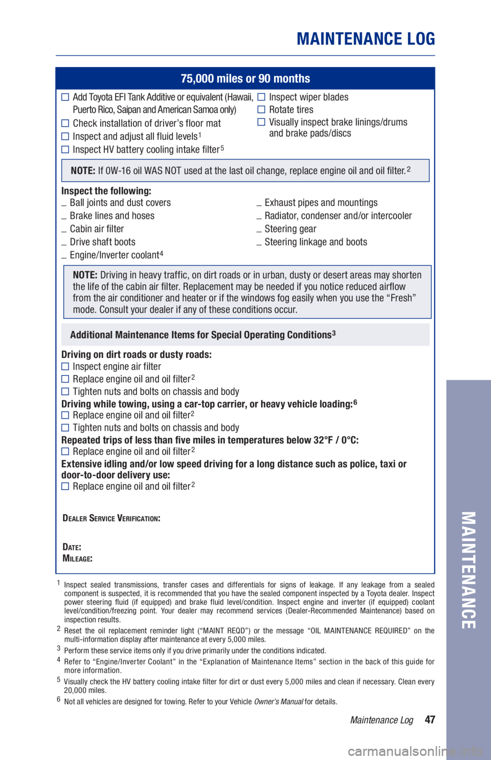 TOYOTA RAV4 HYBRID 2021  Warranties & Maintenance Guides (in English) 47
75,000 miles or 90 months
	
■Add Toyota EFI Tank Additive or equivalent (Hawaii,   
  Puerto Rico, Saipan and American Samoa only) 
	
■Ch eck installation of driver