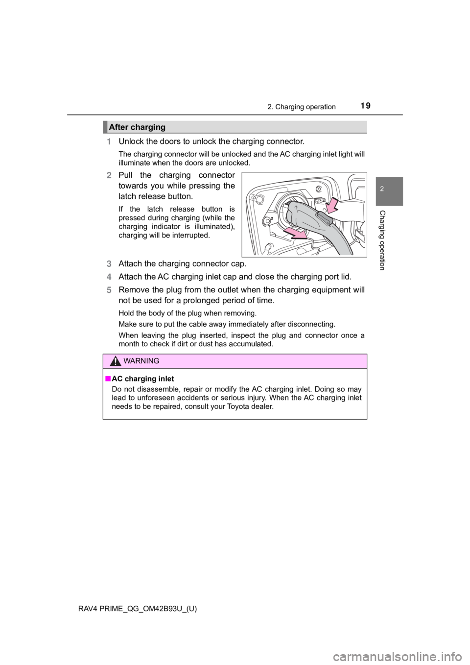 TOYOTA RAV4 PRIME 2021  Owners Manual (in English) RAV4 PRIME_QG_OM42B93U_(U)
192. Charging operation
2
Charging operation
Unlock the doors to unlock the charging connector.
The charging connector will be unlocked and the AC charging inlet light will
