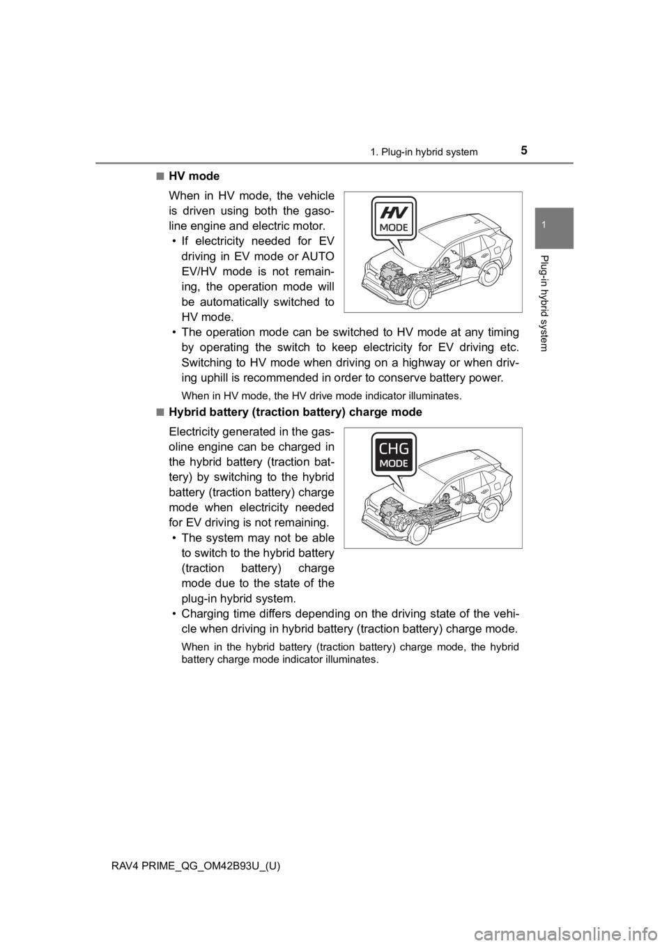 TOYOTA RAV4 PRIME 2021 Owners Manual (in English) RAV4 PRIME_QG_OM42B93U_(U)
51. Plug-in hybrid system
1
Plug-in hybrid system
■HV mode
When in HV mode, the vehicle
is driven using both the gaso-
line engine and electric motor.• If ele TOYOTA RAV4 PRIME 2021 Owners Manual (in English) RAV4 PRIME_QG_OM42B93U_(U)
51. Plug-in hybrid system
1
Plug-in hybrid system
■HV mode
When in HV mode, the vehicle
is driven using both the gaso-
line engine and electric motor.• If ele