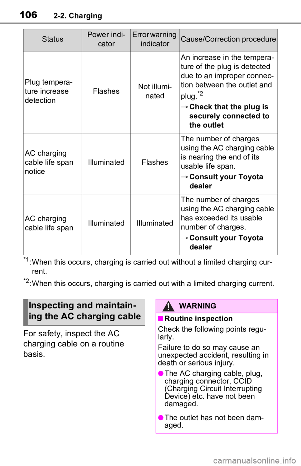 TOYOTA RAV4 PRIME 2021  Owners Manual (in English) 1062-2. Charging
*1: When this occurs, charging is carried out without a limited charging cur-
rent.
*2: When this occurs, charging is c arried out with a limited charging current.
For safety, inspect