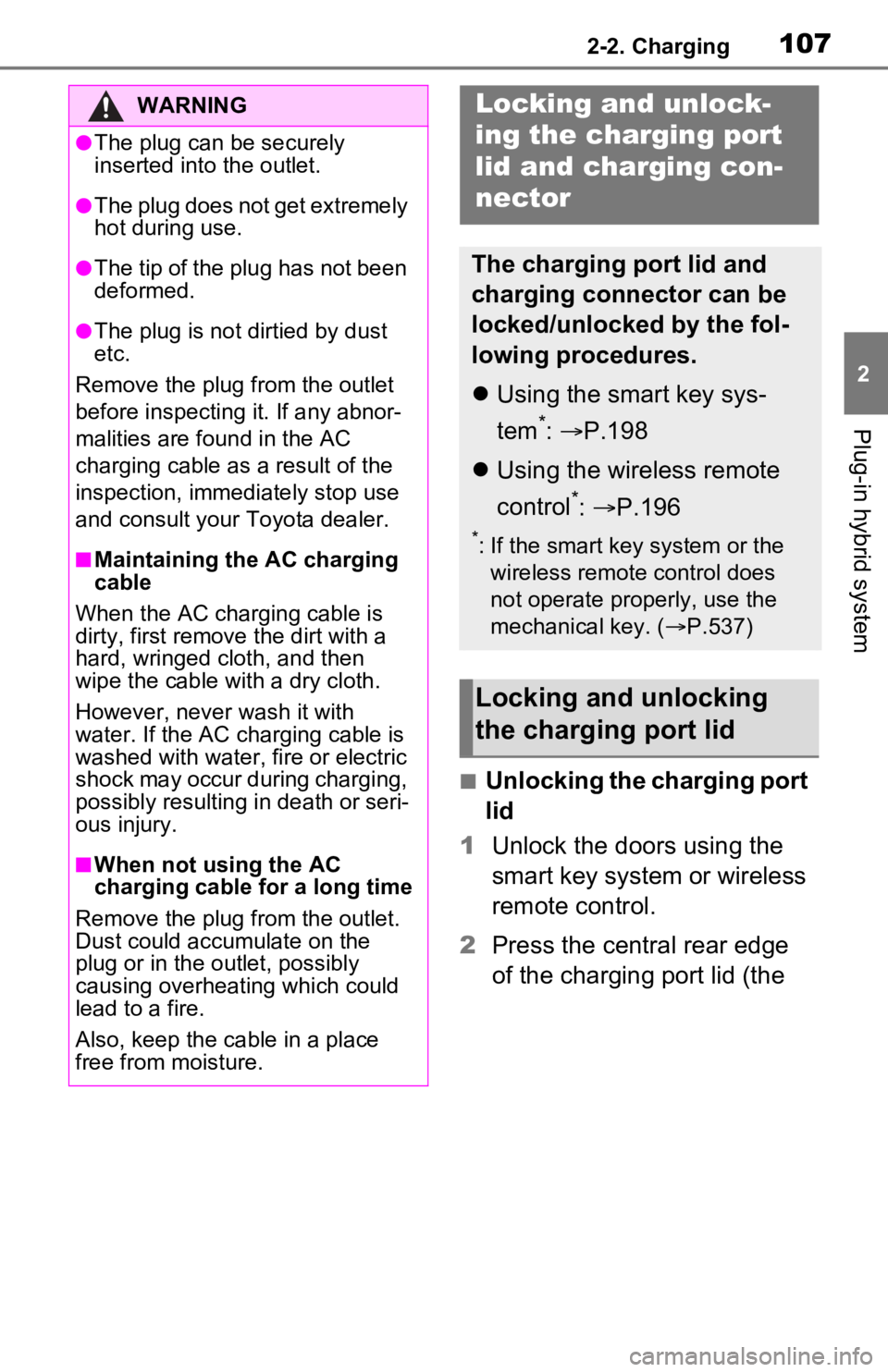 TOYOTA RAV4 PRIME 2021  Owners Manual (in English) 1072-2. Charging
2
Plug-in hybrid system
■Unlocking the charging port 
lid
1 Unlock the doors using the 
smart key system or wireless 
remote control.
2 Press the central rear edge 
of the charging 
