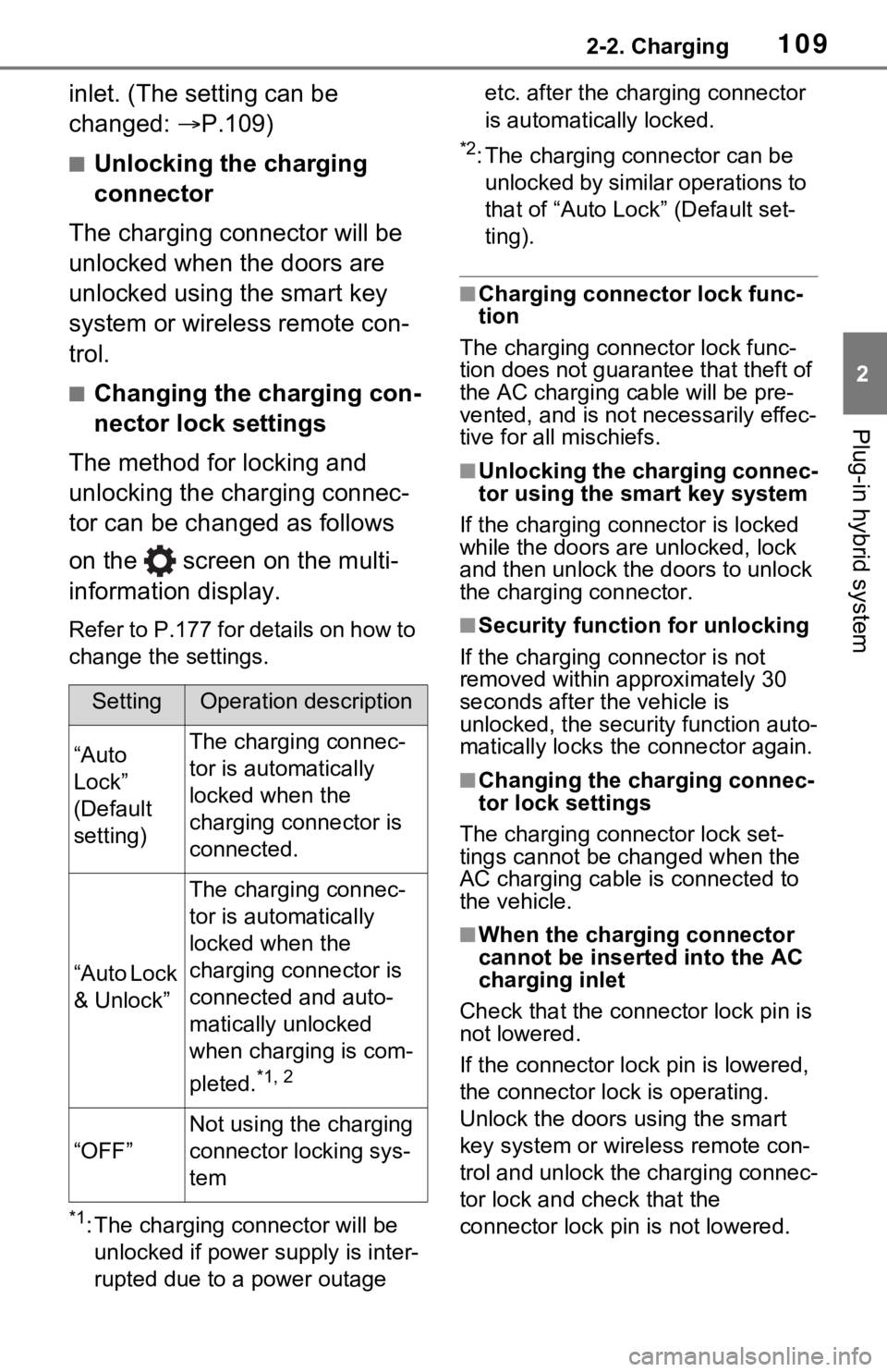 TOYOTA RAV4 PRIME 2021  Owners Manual (in English) 1092-2. Charging
2
Plug-in hybrid system
inlet. (The setting can be 
changed: P.109)
■Unlocking the charging 
connector
The charging connector will be 
unlocked when the doors are 
unlocked using