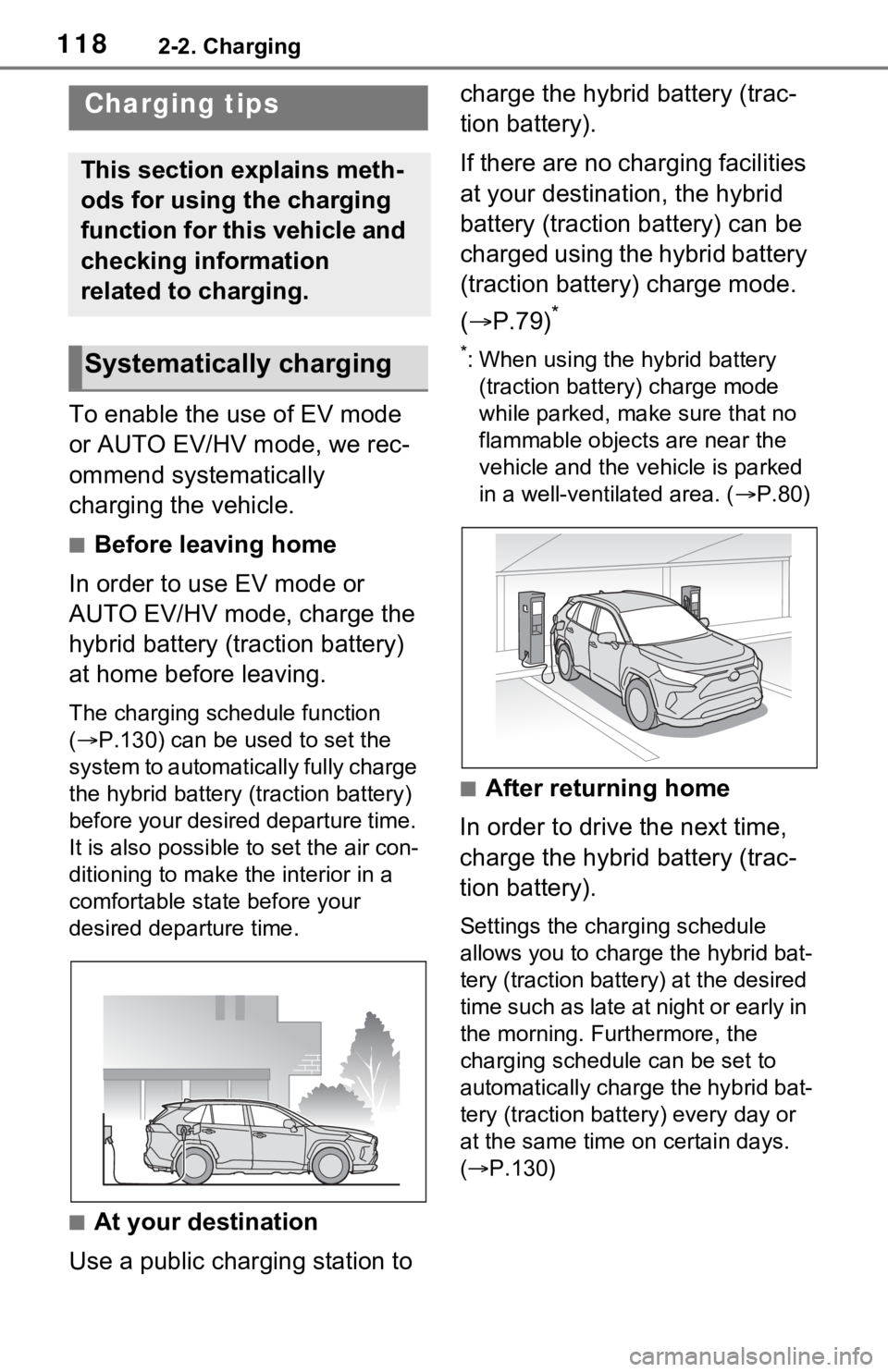 TOYOTA RAV4 PRIME 2021 Owners Manual (in English) 1182-2. Charging
To enable the use of EV mode
or AUTO EV/HV mode, we rec-
ommend systematically
charging the vehicle.
■Before leaving home
In order to use EV mode or
AUTO EV/HV mode, charge the
TOYOTA RAV4 PRIME 2021 Owners Manual (in English) 1182-2. Charging
To enable the use of EV mode
or AUTO EV/HV mode, we rec-
ommend systematically
charging the vehicle.
■Before leaving home
In order to use EV mode or
AUTO EV/HV mode, charge the