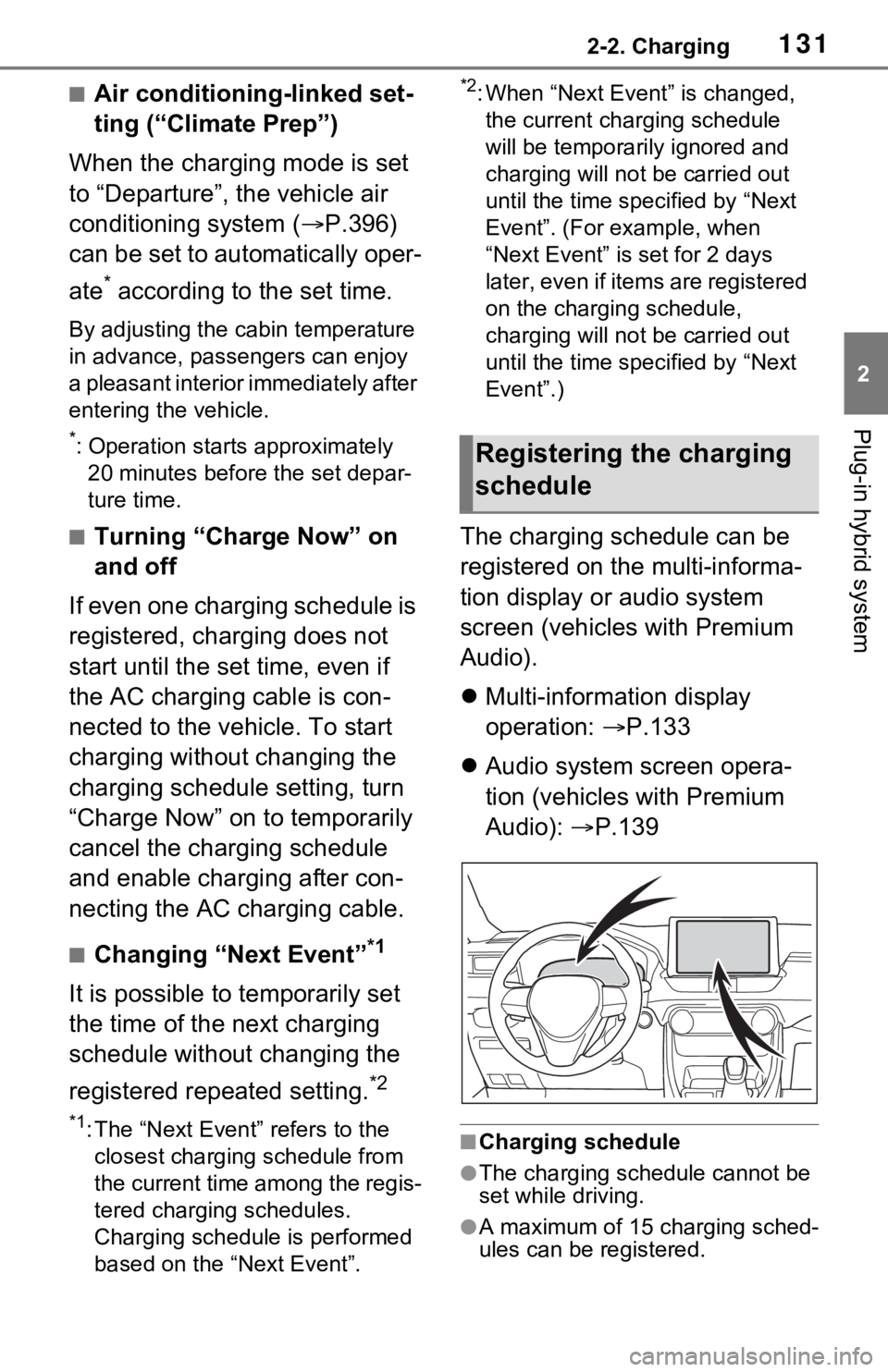 TOYOTA RAV4 PRIME 2021 Owners Manual (in English) 1312-2. Charging
2
Plug-in hybrid system
■Air conditioning-linked set-
ting (“Climate Prep”)
When the charging mode is set
to “Departure”, the vehicle air
conditioning system ( P.396)
TOYOTA RAV4 PRIME 2021 Owners Manual (in English) 1312-2. Charging
2
Plug-in hybrid system
■Air conditioning-linked set-
ting (“Climate Prep”)
When the charging mode is set
to “Departure”, the vehicle air
conditioning system ( P.396)
