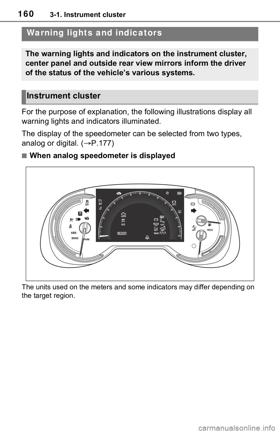 TOYOTA RAV4 PRIME 2021 Owners Manual (in English) 1603-1. Instrument cluster
3-1.Instrument cluster
For the purpose of explanation, the following illustrations display all
warning lights and indicators illuminated.
The display of the speedometer can TOYOTA RAV4 PRIME 2021 Owners Manual (in English) 1603-1. Instrument cluster
3-1.Instrument cluster
For the purpose of explanation, the following illustrations display all
warning lights and indicators illuminated.
The display of the speedometer can