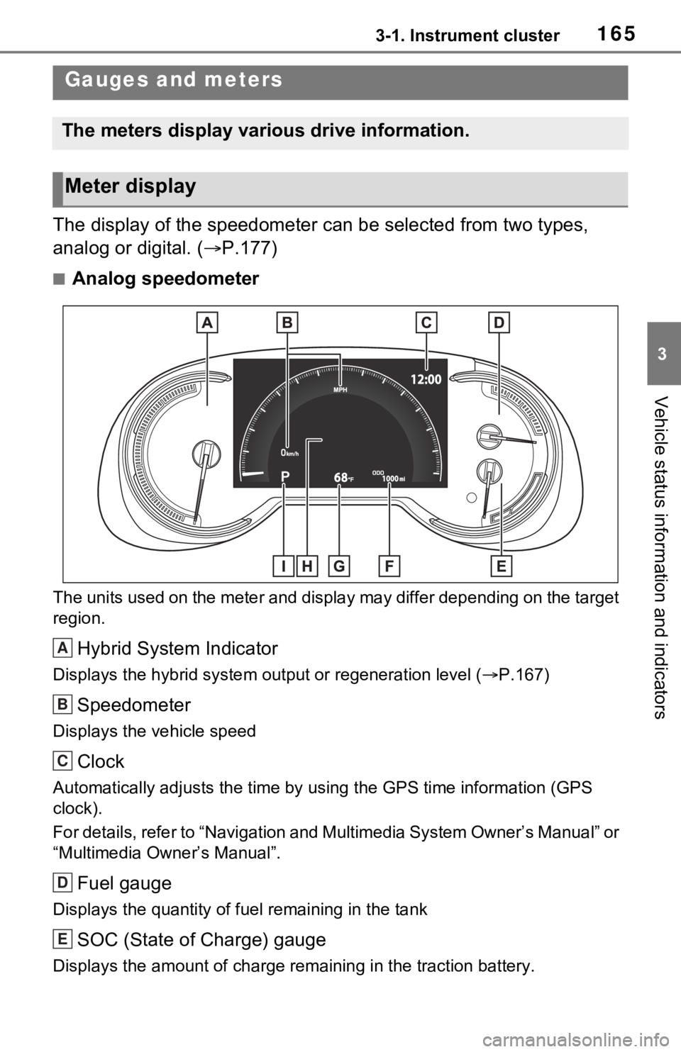 TOYOTA RAV4 PRIME 2021 Owners Manual (in English) 1653-1. Instrument cluster
3
Vehicle status information and indicators
The display of the speedometer can be selected from two types,
analog or digital. ( P.177)
■Analog speedometer
The units us TOYOTA RAV4 PRIME 2021 Owners Manual (in English) 1653-1. Instrument cluster
3
Vehicle status information and indicators
The display of the speedometer can be selected from two types,
analog or digital. ( P.177)
■Analog speedometer
The units us