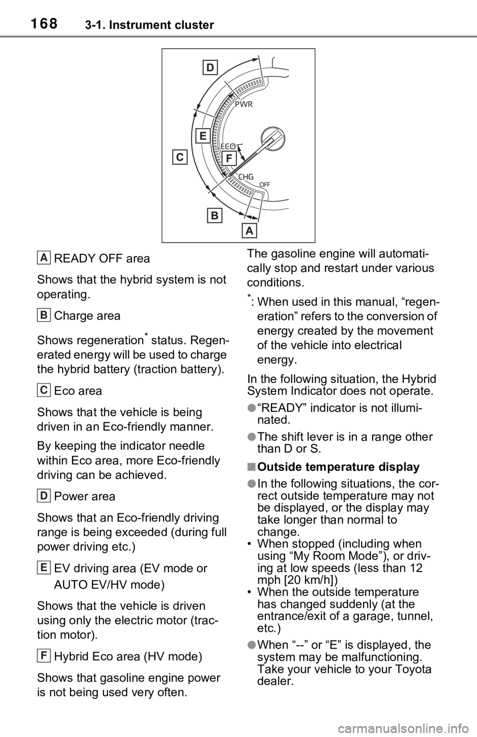 TOYOTA RAV4 PRIME 2021 Owners Manual (in English) 1683-1. Instrument cluster
READY OFF area
Shows that the hybrid system is not
operating.
Charge area
Shows regeneration
* status. Regen-
erated energy will be used to charge
the hybrid battery (trac TOYOTA RAV4 PRIME 2021 Owners Manual (in English) 1683-1. Instrument cluster
READY OFF area
Shows that the hybrid system is not
operating.
Charge area
Shows regeneration
* status. Regen-
erated energy will be used to charge
the hybrid battery (trac