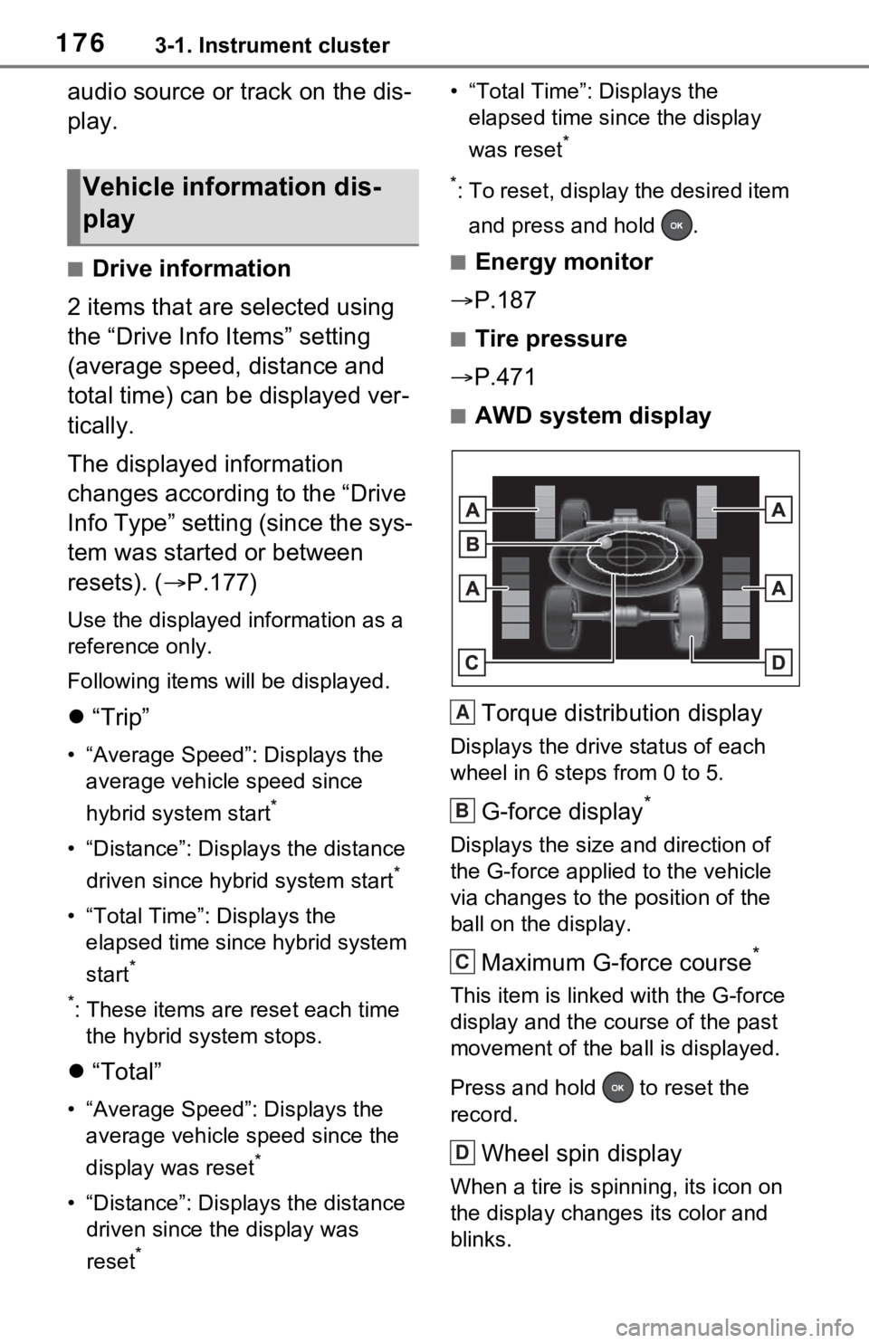 TOYOTA RAV4 PRIME 2021  Owners Manual (in English) 1763-1. Instrument cluster
audio source or track on the dis-
play.
■Drive information
2 items that are selected using 
the “Drive Info Items” setting 
(average speed, distance and 
total time) c