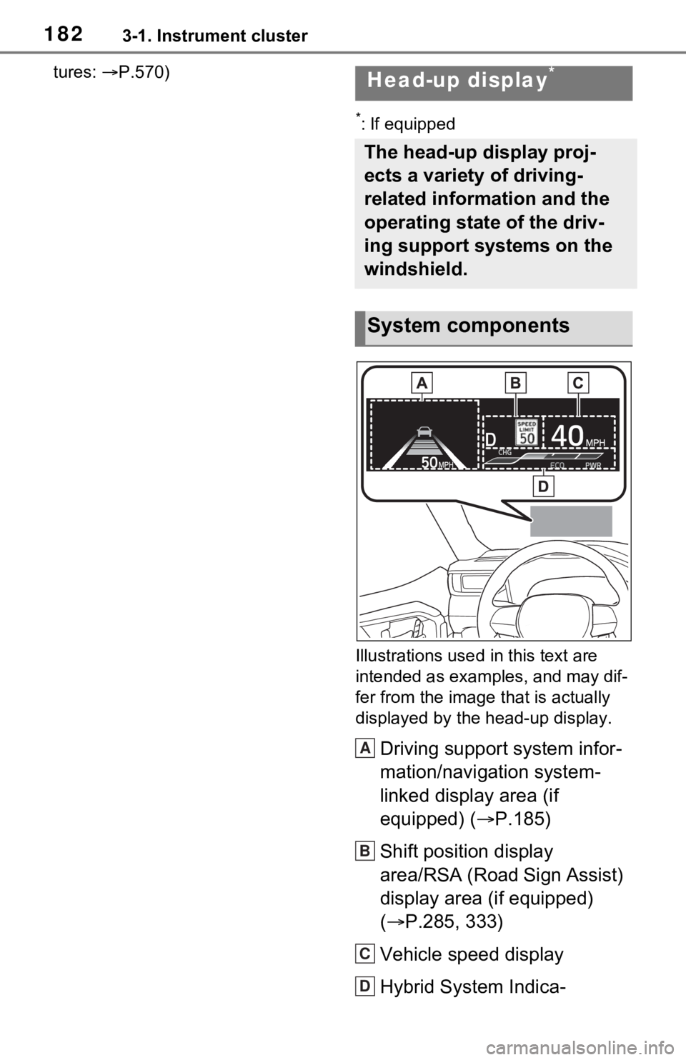 TOYOTA RAV4 PRIME 2021 Owners Manual (in English) 1823-1. Instrument cluster
tures: P.570)
*: If equipped
Illustrations used in this text are
intended as examples, and may dif-
fer from the image that is actually
displayed by the head-up displ TOYOTA RAV4 PRIME 2021 Owners Manual (in English) 1823-1. Instrument cluster
tures: P.570)
*: If equipped
Illustrations used in this text are
intended as examples, and may dif-
fer from the image that is actually
displayed by the head-up displ