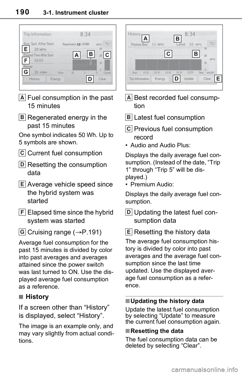 TOYOTA RAV4 PRIME 2021 Owners Manual (in English) 1903-1. Instrument cluster
Fuel consumption in the past
15 minutes
Regenerated energy in the
past 15 minutes
One symbol indicates 50 Wh. Up to
5 symbols are shown.
Current fuel consumption
Resettin TOYOTA RAV4 PRIME 2021 Owners Manual (in English) 1903-1. Instrument cluster
Fuel consumption in the past
15 minutes
Regenerated energy in the
past 15 minutes
One symbol indicates 50 Wh. Up to
5 symbols are shown.
Current fuel consumption
Resettin