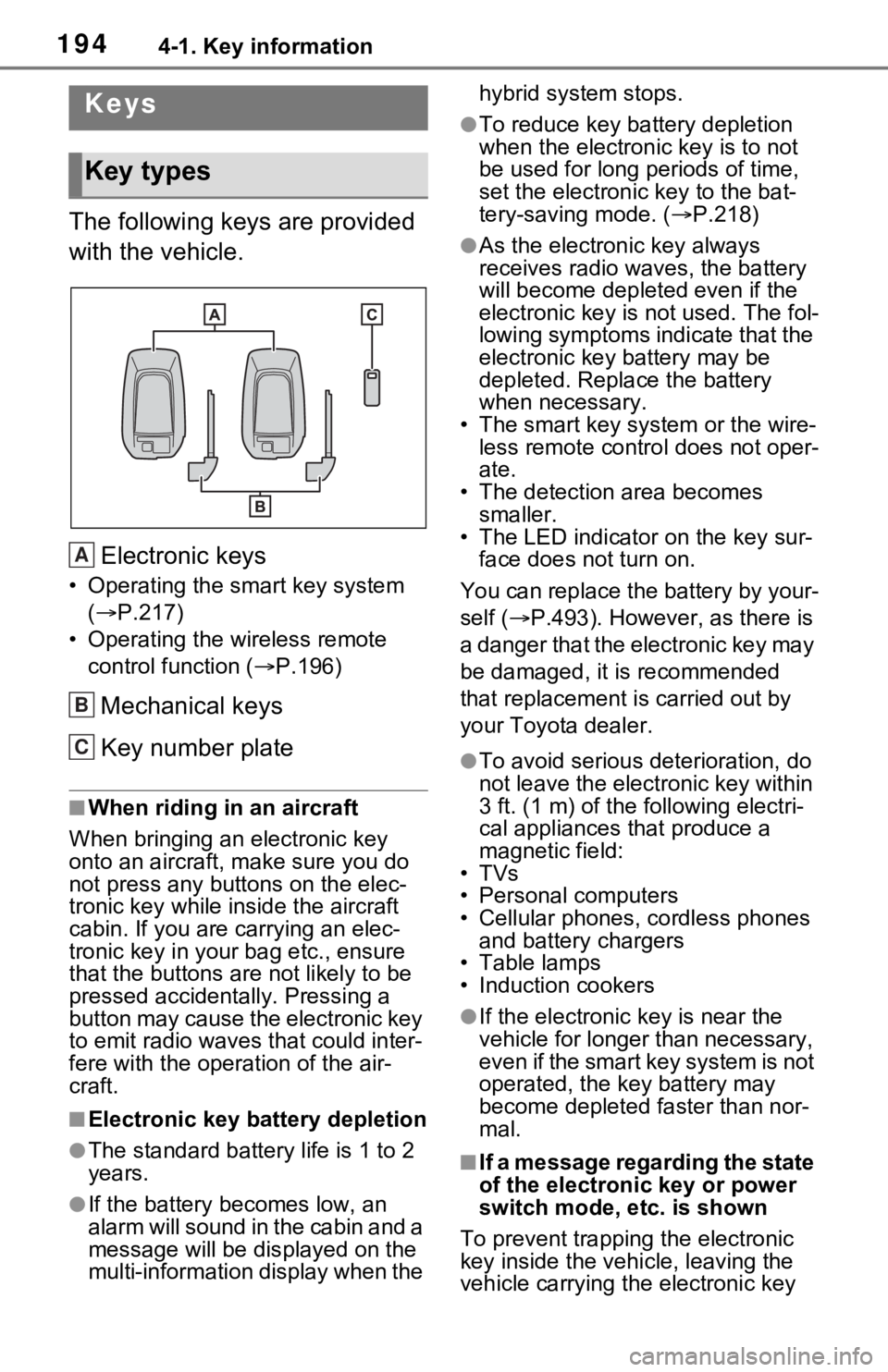 TOYOTA RAV4 PRIME 2021 Owners Manual (in English) 1944-1. Key information
4-1.Key information
The following keys are provided
with the vehicle.Electronic keys
• Operating the smart key system ( P.217)
• Operating the wireless remote control TOYOTA RAV4 PRIME 2021 Owners Manual (in English) 1944-1. Key information
4-1.Key information
The following keys are provided
with the vehicle.Electronic keys
• Operating the smart key system ( P.217)
• Operating the wireless remote control
