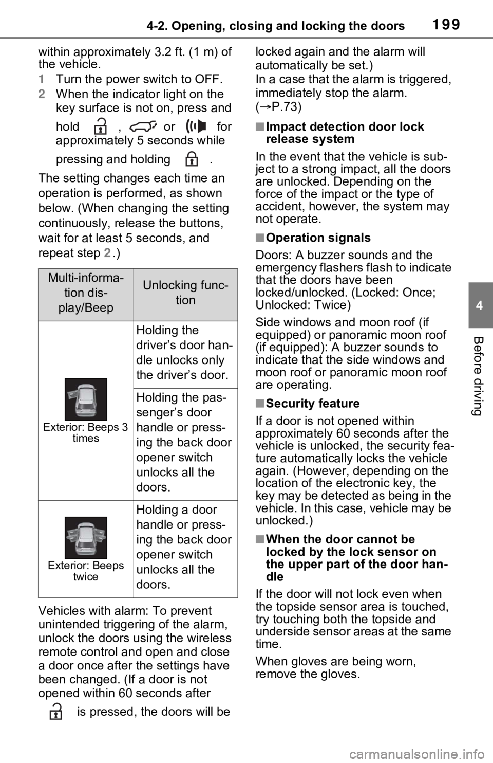 TOYOTA RAV4 PRIME 2021 Owners Manual (in English) 1994-2. Opening, closing and locking the doors
4
Before driving
within approximately 3.2 ft. (1 m) of
the vehicle.
1Turn the power switch to OFF.
2 When the indicator light on the
key surface is no TOYOTA RAV4 PRIME 2021 Owners Manual (in English) 1994-2. Opening, closing and locking the doors
4
Before driving
within approximately 3.2 ft. (1 m) of
the vehicle.
1Turn the power switch to OFF.
2 When the indicator light on the
key surface is no