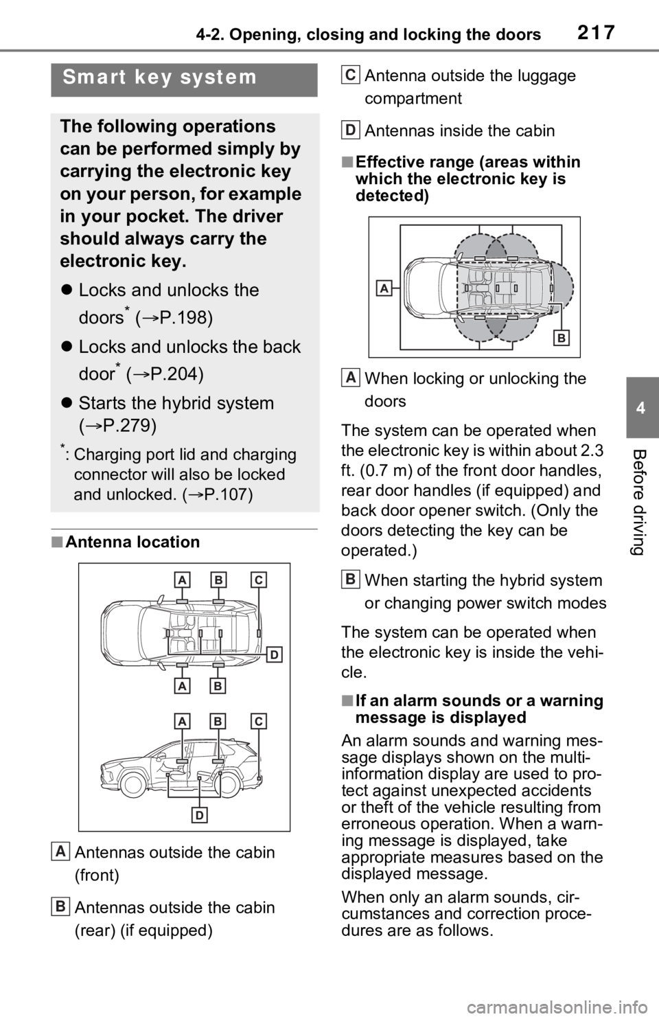 TOYOTA RAV4 PRIME 2021 Owners Manual (in English) 2174-2. Opening, closing and locking the doors
4
Before driving
■Antenna location
Antennas outside the cabin
(front)
Antennas outside the cabin
(rear) (if equipped) Antenna outside the luggage
co TOYOTA RAV4 PRIME 2021 Owners Manual (in English) 2174-2. Opening, closing and locking the doors
4
Before driving
■Antenna location
Antennas outside the cabin
(front)
Antennas outside the cabin
(rear) (if equipped) Antenna outside the luggage
co
