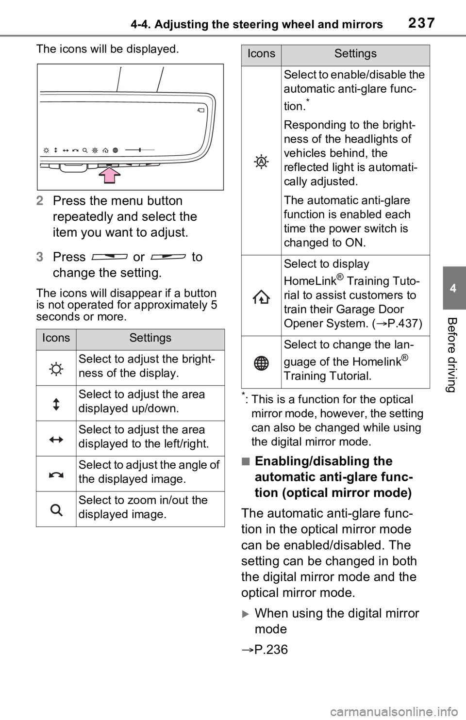 TOYOTA RAV4 PRIME 2021 Owners Manual (in English) 2374-4. Adjusting the steering wheel and mirrors
4
Before driving
The icons will be displayed.
2Press the menu button
repeatedly and select the
item you want to adjust.
3 Press or to
change the TOYOTA RAV4 PRIME 2021 Owners Manual (in English) 2374-4. Adjusting the steering wheel and mirrors
4
Before driving
The icons will be displayed.
2Press the menu button
repeatedly and select the
item you want to adjust.
3 Press or to
change the