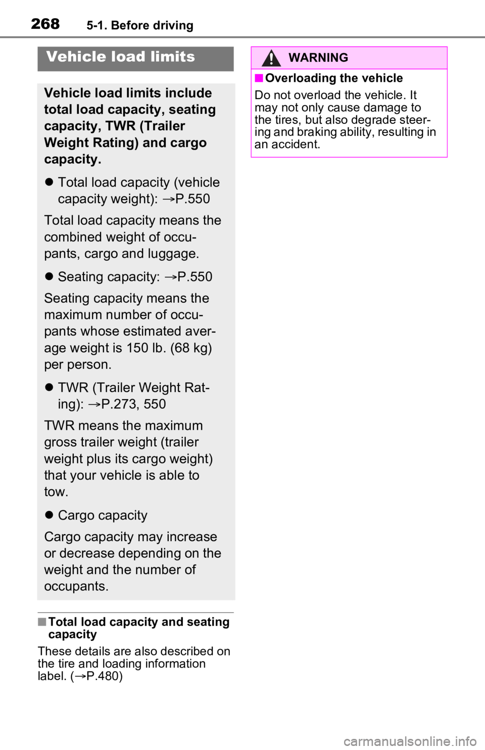 TOYOTA RAV4 PRIME 2021 Owners Manual (in English) 2685-1. Before driving
■Total load capacity and seating
capacity
These details are also described on
the tire and loading information
label. ( P.480)
Vehicle load limits
Vehicle load limits in TOYOTA RAV4 PRIME 2021 Owners Manual (in English) 2685-1. Before driving
■Total load capacity and seating
capacity
These details are also described on
the tire and loading information
label. ( P.480)
Vehicle load limits
Vehicle load limits in