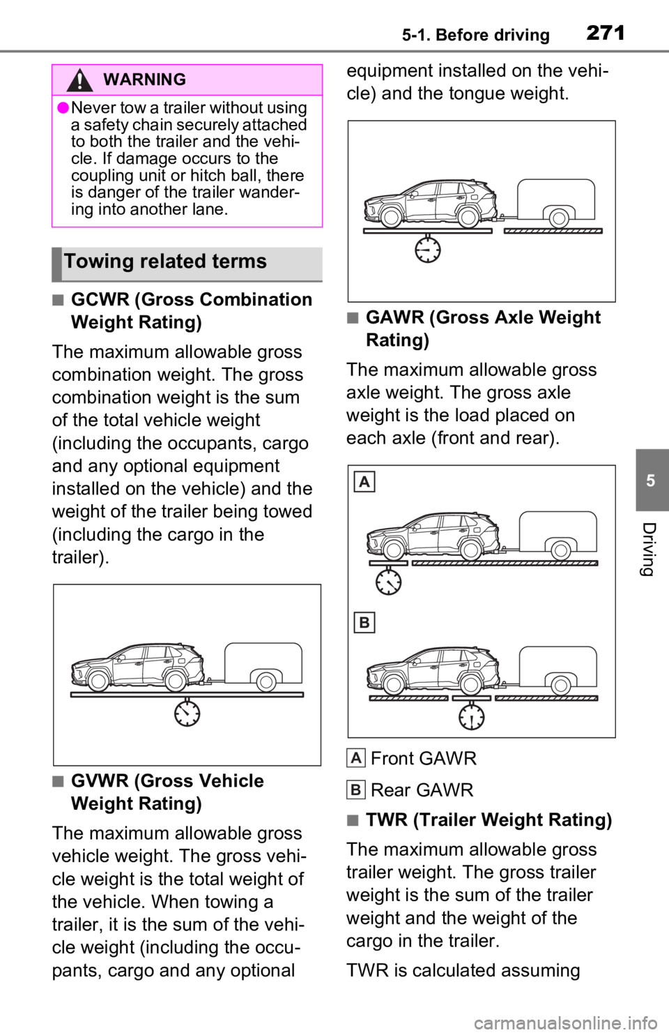 TOYOTA RAV4 PRIME 2021 Owners Manual (in English) 2715-1. Before driving
5
Driving
■GCWR (Gross Combination
Weight Rating)
The maximum allowable gross
combination weight. The gross
combination weight is the sum
of the total vehicle weight
(inc TOYOTA RAV4 PRIME 2021 Owners Manual (in English) 2715-1. Before driving
5
Driving
■GCWR (Gross Combination
Weight Rating)
The maximum allowable gross
combination weight. The gross
combination weight is the sum
of the total vehicle weight
(inc