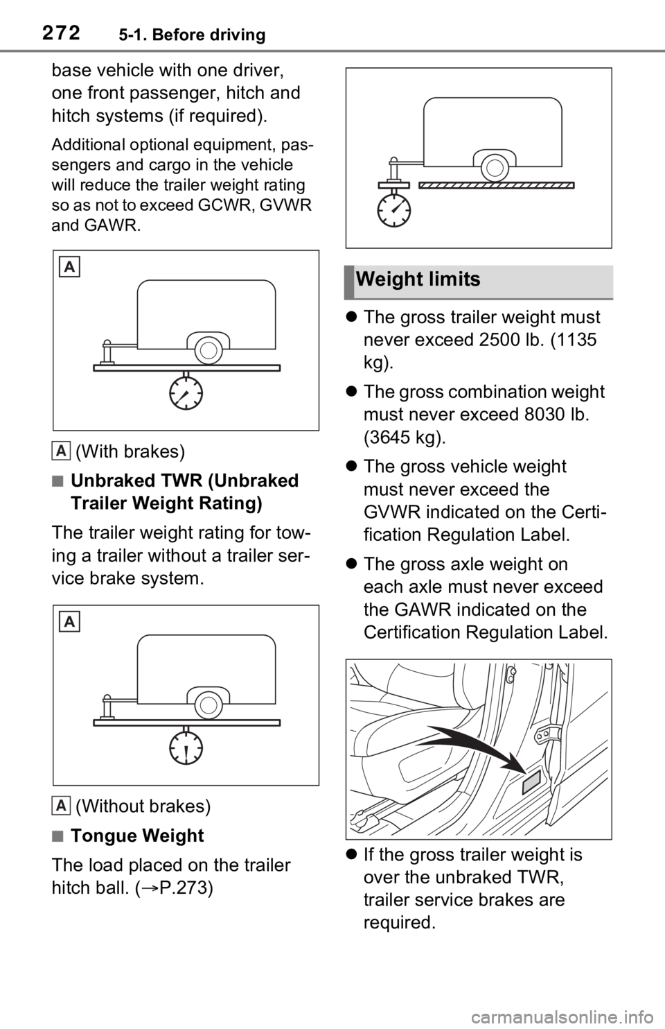 TOYOTA RAV4 PRIME 2021 Owners Manual (in English) 2725-1. Before driving
base vehicle with one driver,
one front passenger, hitch and
hitch systems (if required).
Additional optional equipment, pas-
sengers and cargo in the vehicle
will reduce the TOYOTA RAV4 PRIME 2021 Owners Manual (in English) 2725-1. Before driving
base vehicle with one driver,
one front passenger, hitch and
hitch systems (if required).
Additional optional equipment, pas-
sengers and cargo in the vehicle
will reduce the