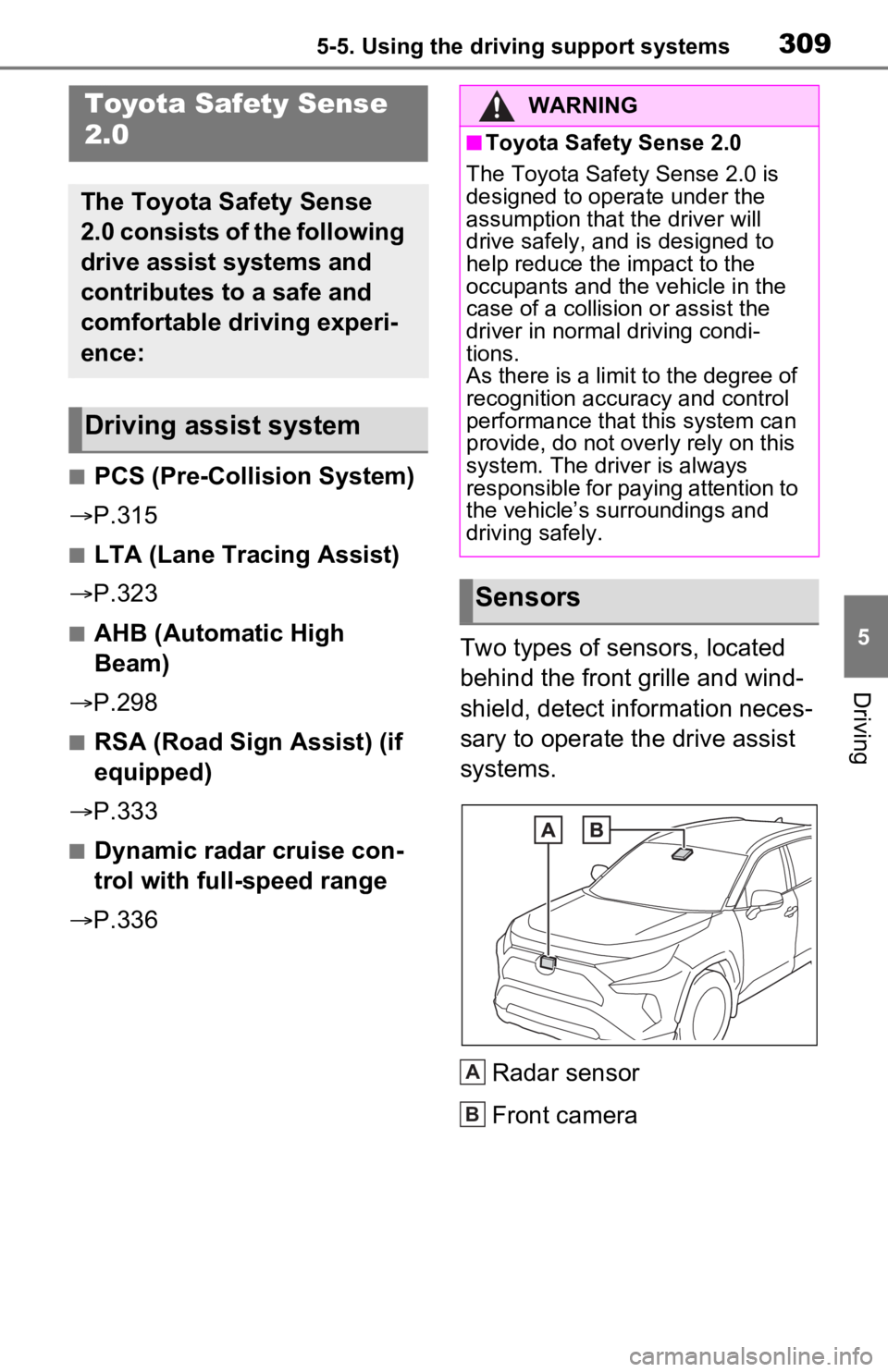 TOYOTA RAV4 PRIME 2021 Owners Manual (in English) 3095-5. Using the driving support systems
5
Driving
5-5.Using the driving support systems
■PCS (Pre-Collision System)
P.315
■LTA (Lane Tracing Assist)
P.323
■AHB (Automatic High
Beam)
TOYOTA RAV4 PRIME 2021 Owners Manual (in English) 3095-5. Using the driving support systems
5
Driving
5-5.Using the driving support systems
■PCS (Pre-Collision System)
P.315
■LTA (Lane Tracing Assist)
P.323
■AHB (Automatic High
Beam)