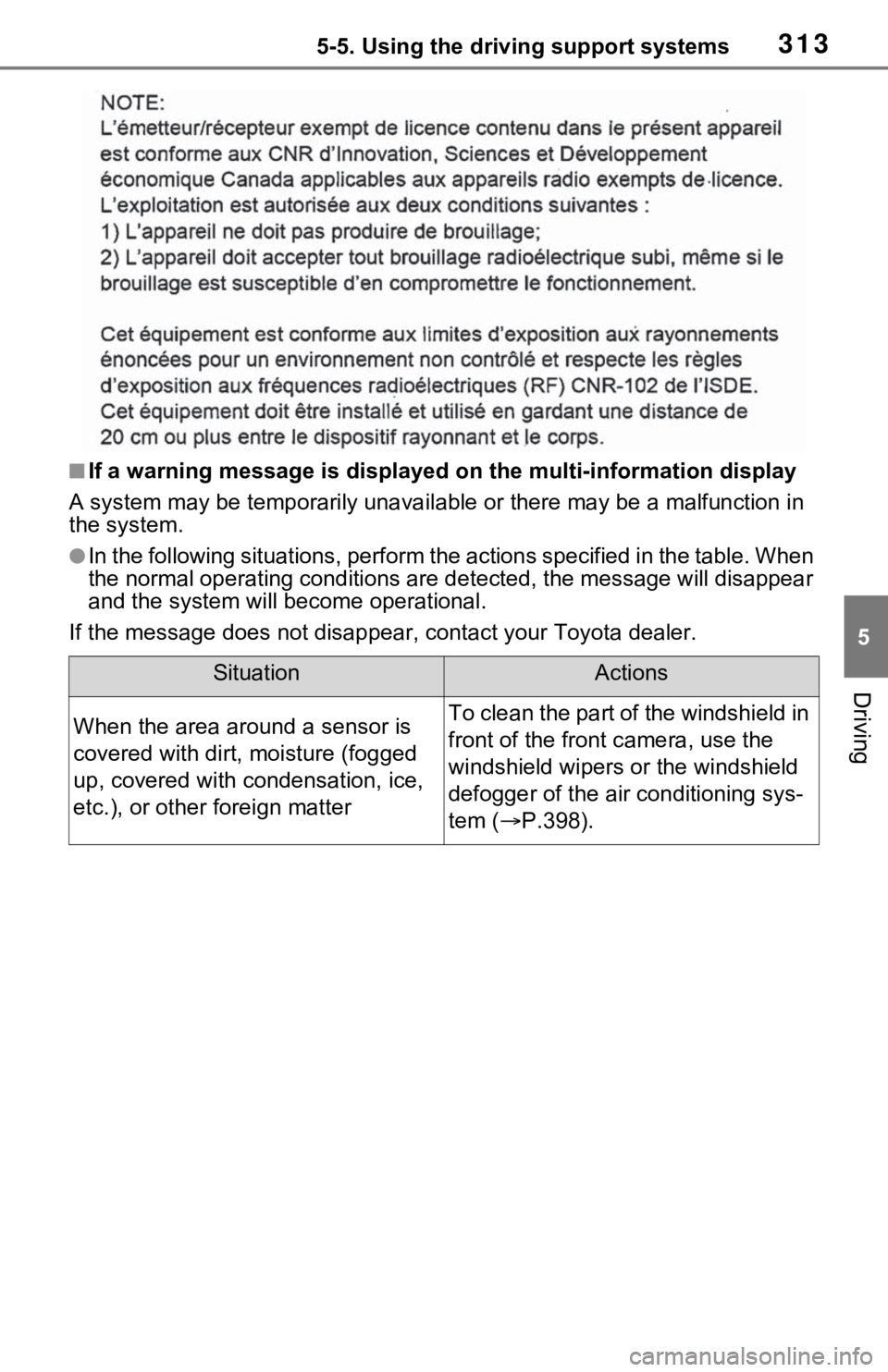 TOYOTA RAV4 PRIME 2021 Owners Manual (in English) 3135-5. Using the driving support systems
5
Driving
■If a warning message is displayed on the multi-information display
A system may be temporarily unava ilable or there may be a malfunction in
the TOYOTA RAV4 PRIME 2021 Owners Manual (in English) 3135-5. Using the driving support systems
5
Driving
■If a warning message is displayed on the multi-information display
A system may be temporarily unava ilable or there may be a malfunction in
the
