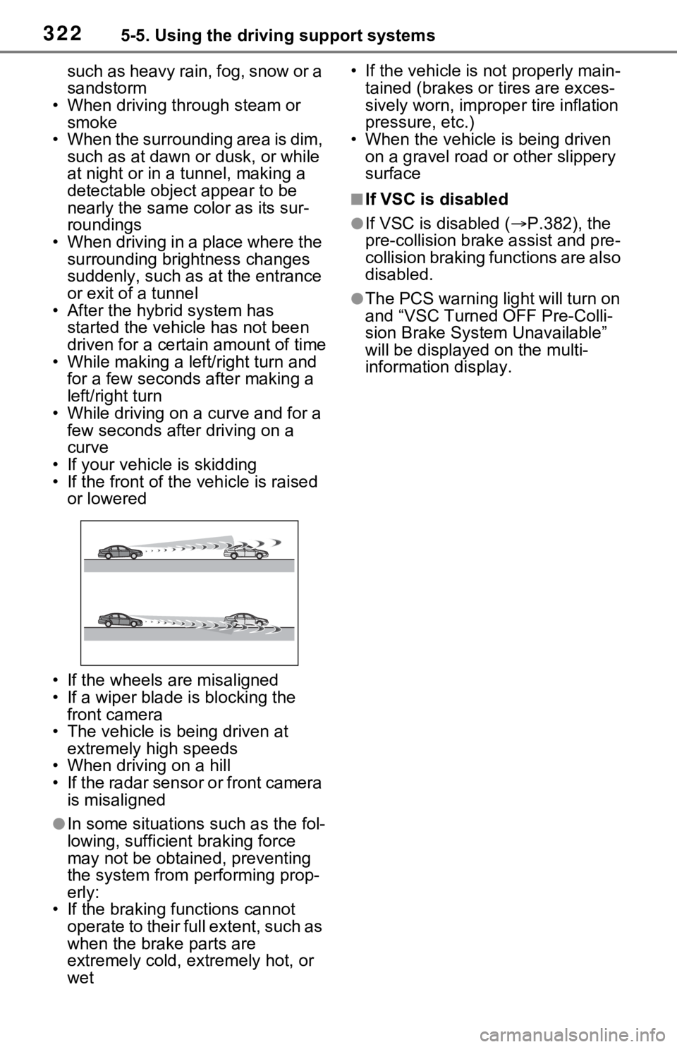 TOYOTA RAV4 PRIME 2021 Owners Manual (in English) 3225-5. Using the driving support systems
such as heavy rain, fog, snow or a
sandstorm
• When driving through steam or smoke
• When the surrounding area is dim, such as at dawn or dusk, or whil TOYOTA RAV4 PRIME 2021 Owners Manual (in English) 3225-5. Using the driving support systems
such as heavy rain, fog, snow or a
sandstorm
• When driving through steam or smoke
• When the surrounding area is dim, such as at dawn or dusk, or whil