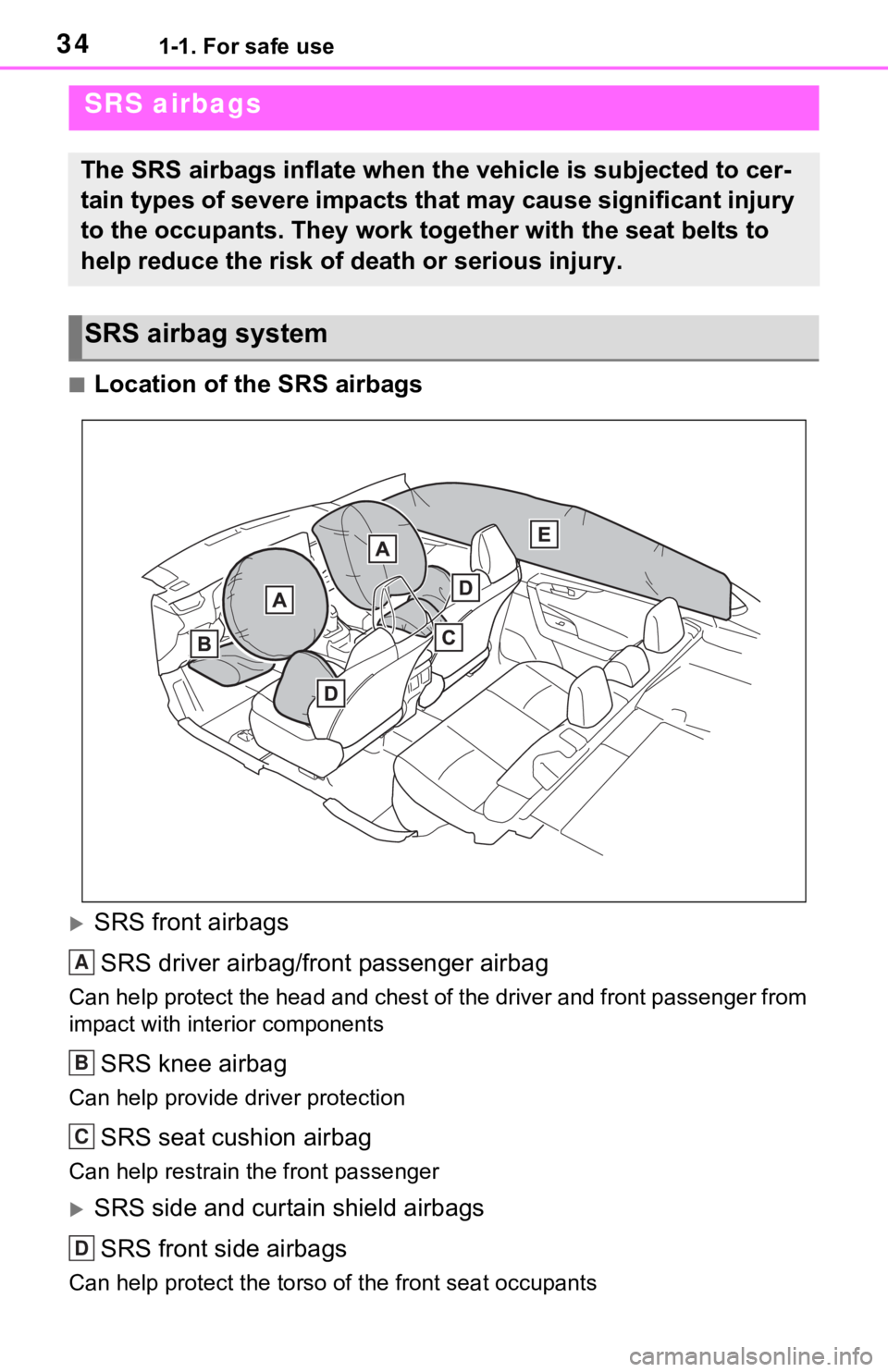 TOYOTA RAV4 PRIME 2021 (in English) Owners Guide 341-1. For safe use
■Location of the SRS airbags
SRS front airbagsSRS driver airbag/front passenger airbag
Can help protect the head and chest of the driver and front passenger from
impact with TOYOTA RAV4 PRIME 2021 (in English) Owners Guide 341-1. For safe use
■Location of the SRS airbags
SRS front airbagsSRS driver airbag/front passenger airbag
Can help protect the head and chest of the driver and front passenger from
impact with