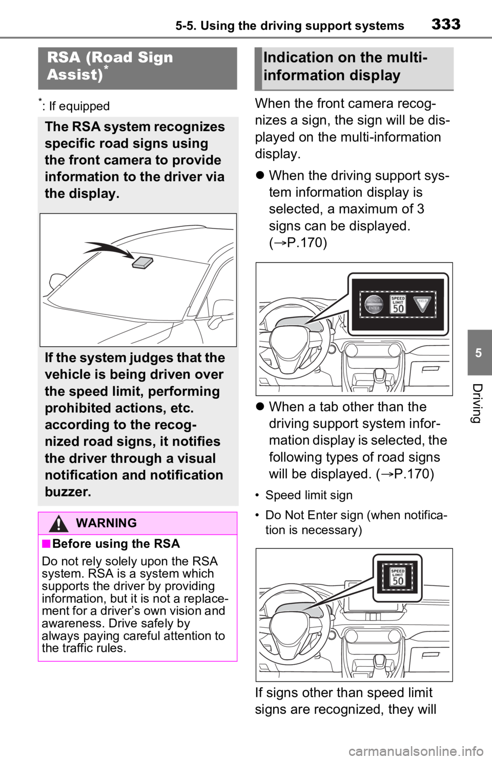 TOYOTA RAV4 PRIME 2021  Owners Manual (in English) 3335-5. Using the driving support systems
5
Driving
*: If equippedWhen the front camera recog-
nizes a sign, the sign will be dis-
played on the multi-information 
display.
When the driving support