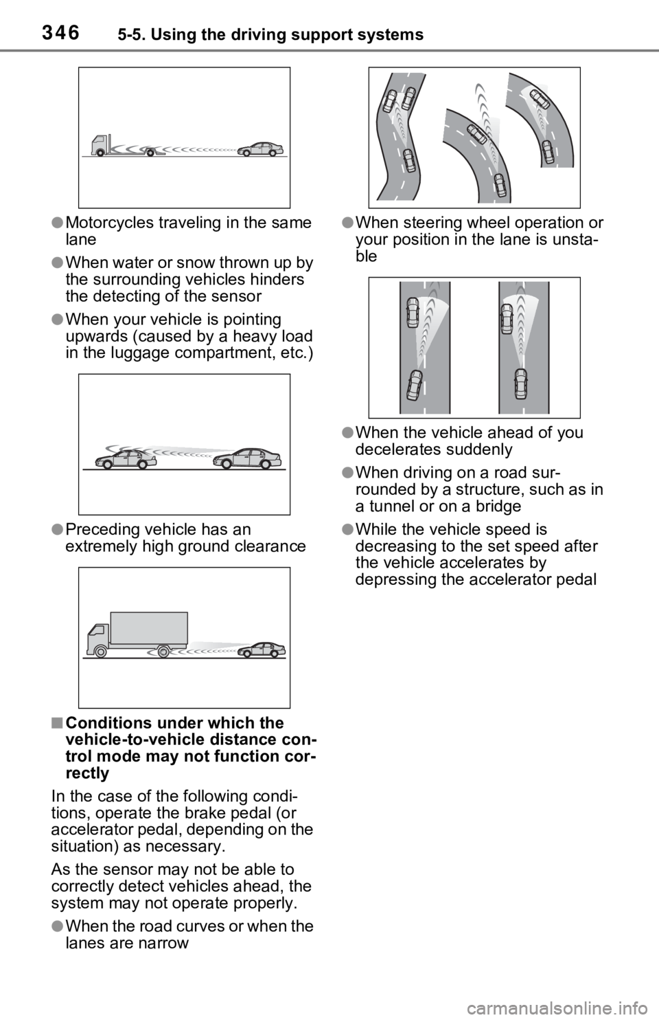 TOYOTA RAV4 PRIME 2021  Owners Manual (in English) 3465-5. Using the driving support systems
●Motorcycles traveling in the same 
lane
●When water or snow thrown up by 
the surrounding vehicles hinders 
the detecting of the sensor
●When your vehi