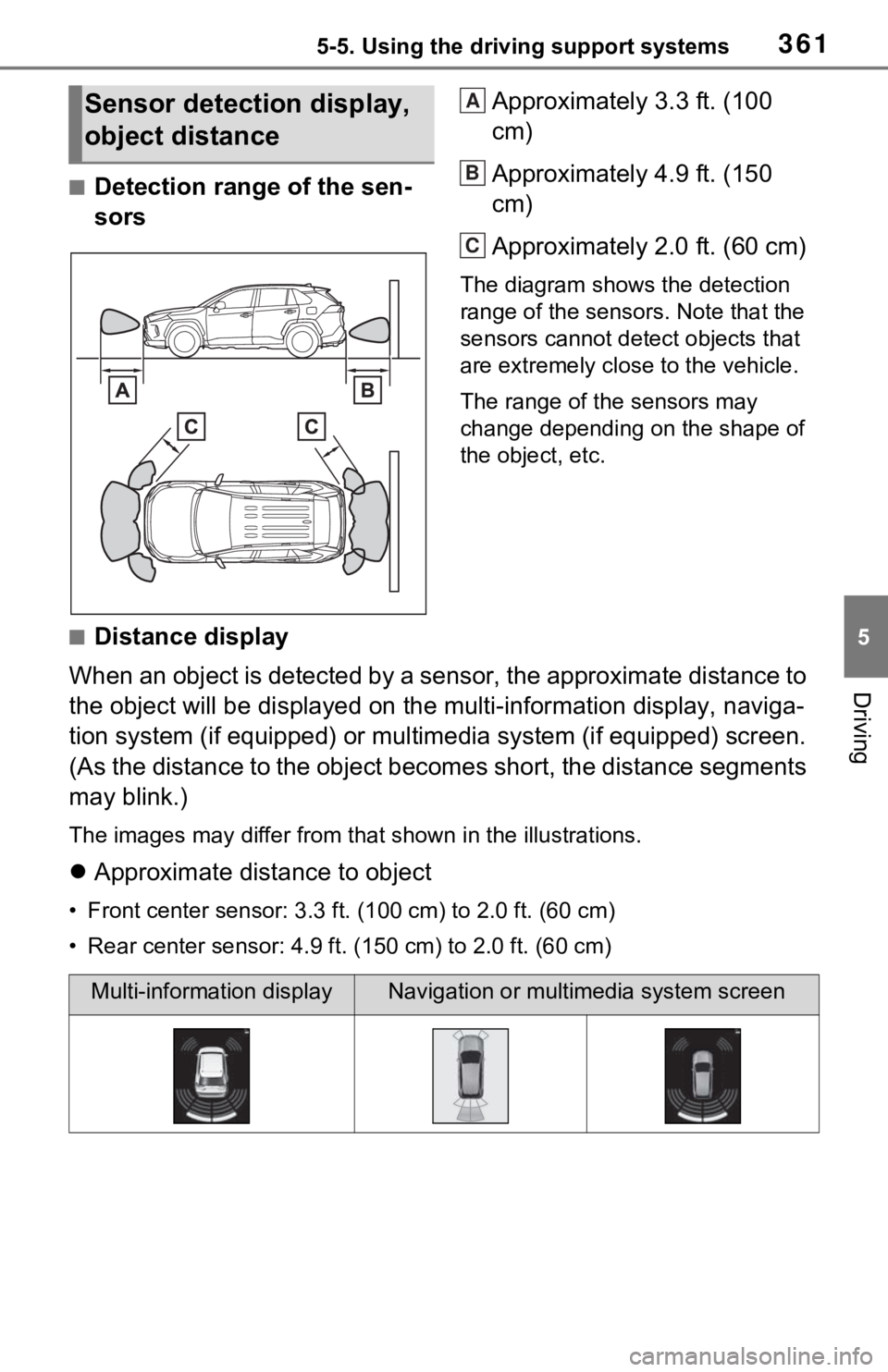 TOYOTA RAV4 PRIME 2021  Owners Manual (in English) 3615-5. Using the driving support systems
5
Driving
■Detection range of the sen-
sorsApproximately 3.3 ft. (100 
cm)
Approximately 4.9 ft. (150 
cm)
Approximately 2.0 ft. (60 cm)
The diagram shows t