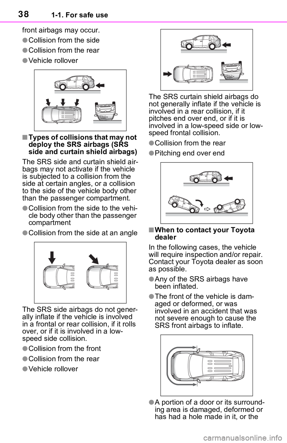 TOYOTA RAV4 PRIME 2021 (in English) Owners Guide 381-1. For safe use
front airbags may occur.
●Collision from the side
●Collision from the rear
●Vehicle rollover
■Types of collisions that may not
deploy the SRS airbags (SRS
side and curta TOYOTA RAV4 PRIME 2021 (in English) Owners Guide 381-1. For safe use
front airbags may occur.
●Collision from the side
●Collision from the rear
●Vehicle rollover
■Types of collisions that may not
deploy the SRS airbags (SRS
side and curta