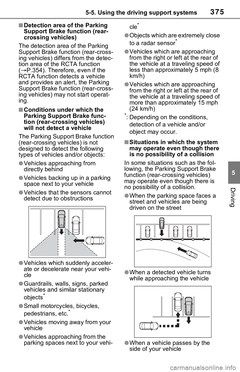 TOYOTA RAV4 PRIME 2021   (in English) User Guide 3755-5. Using the driving support systems
5
Driving
■Detection area of the Parking 
Support Brake function (rear-
crossing vehicles)
The detection area of the Parking 
Support Brake function (rear-c
