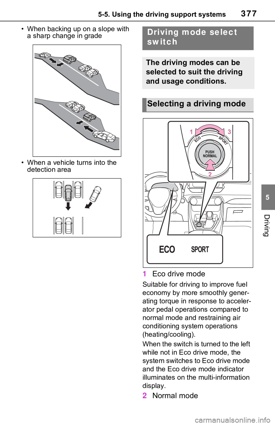 TOYOTA RAV4 PRIME 2021 Owners Manual (in English) 3775-5. Using the driving support systems
5
Driving
• When backing up on a slope with a sharp change in grade
• When a vehicle turns into the detection area
1 Eco drive mode
Suitable for drivi ng TOYOTA RAV4 PRIME 2021 Owners Manual (in English) 3775-5. Using the driving support systems
5
Driving
• When backing up on a slope with a sharp change in grade
• When a vehicle turns into the detection area
1 Eco drive mode
Suitable for drivi ng