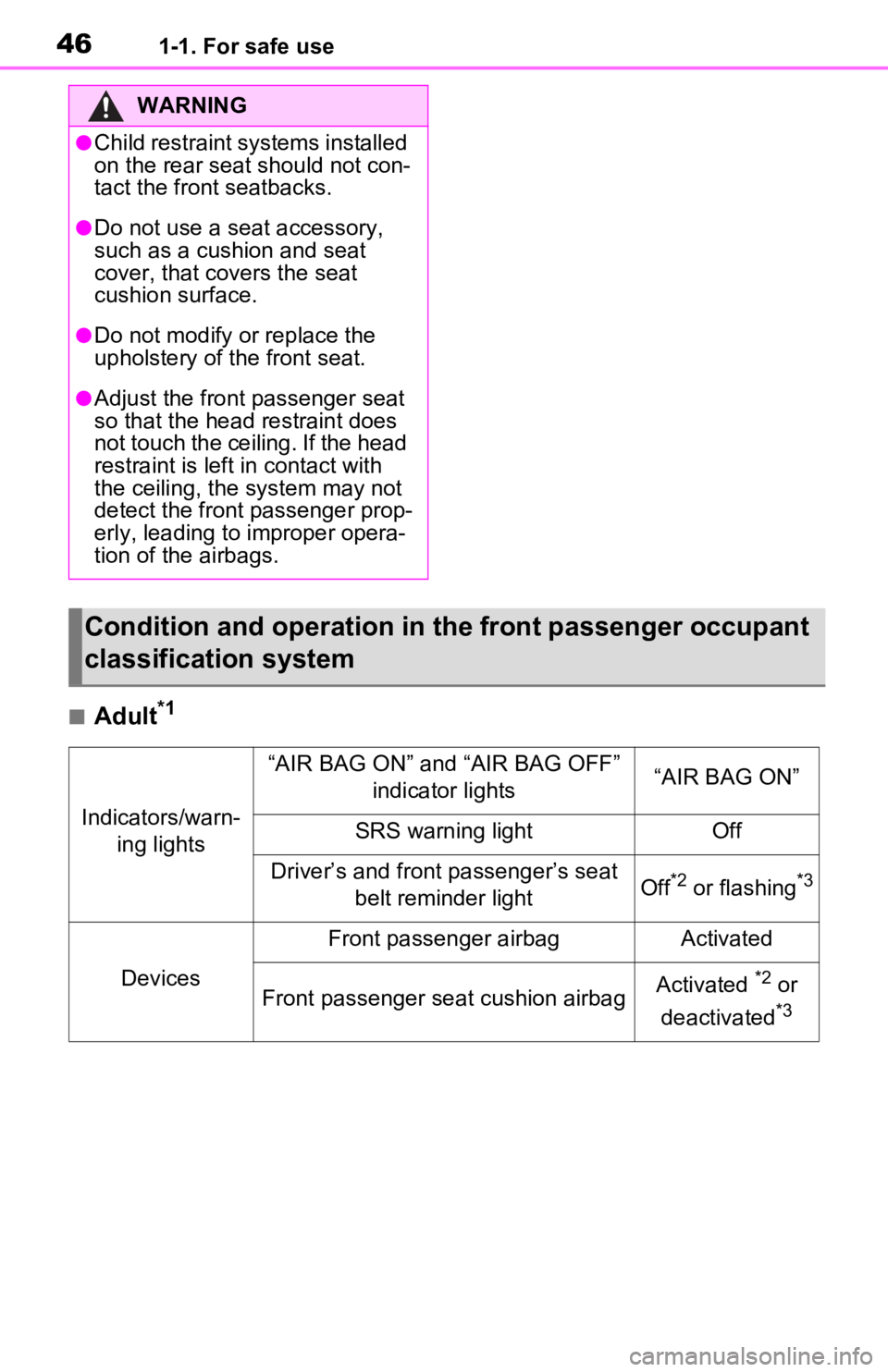 TOYOTA RAV4 PRIME 2021 (in English) Service Manual 461-1. For safe use
■Adult*1
WARNING
●Child restraint systems installed
on the rear seat should not con-
tact the front seatbacks.
●Do not use a seat accessory,
such as a cushion and seat
cov TOYOTA RAV4 PRIME 2021 (in English) Service Manual 461-1. For safe use
■Adult*1
WARNING
●Child restraint systems installed
on the rear seat should not con-
tact the front seatbacks.
●Do not use a seat accessory,
such as a cushion and seat
cov