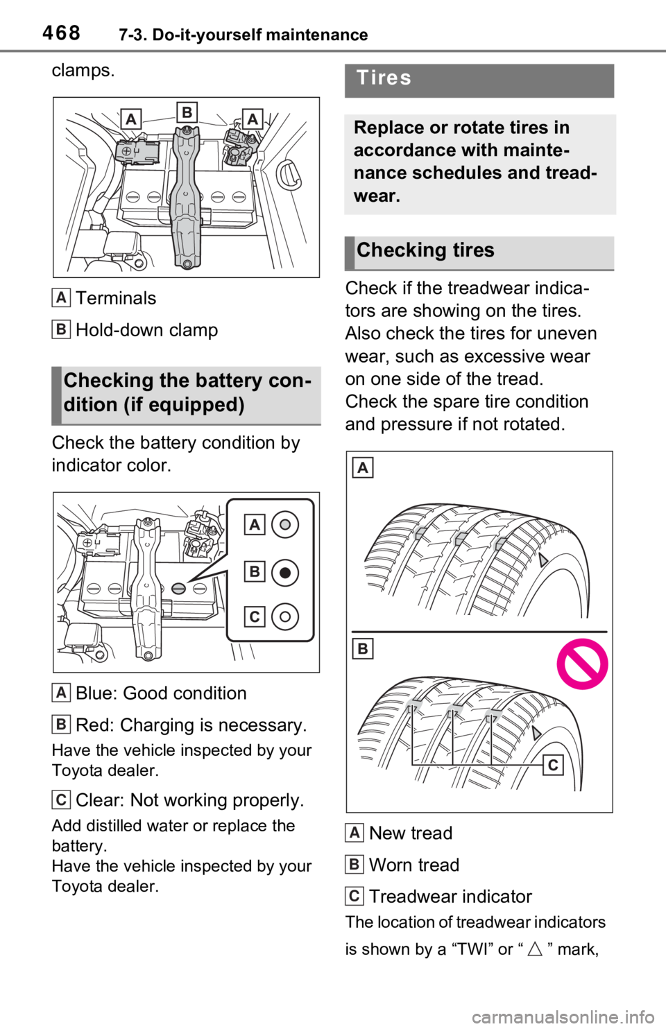 TOYOTA RAV4 PRIME 2021  Owners Manual (in English) 4687-3. Do-it-yourself maintenance
clamps.
Terminals
Hold-down clamp
Check the battery condition by 
indicator color.
Blue: Good condition
Red: Charging is necessary.
Have the vehicle inspected by you